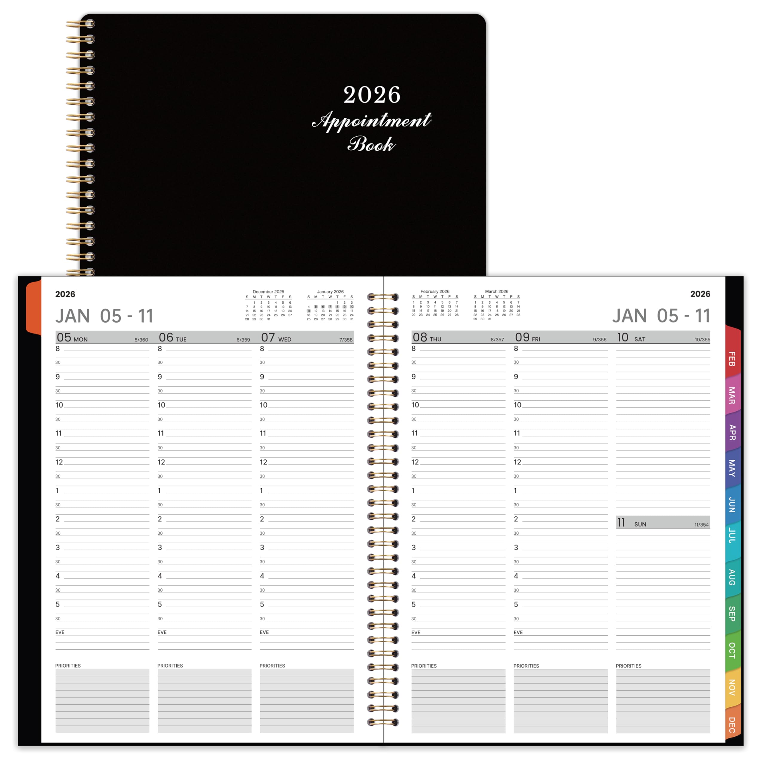 2026 Appointment Book - 2026 Planner, January 2026 - December 2026, 9" x 11", 2026 Daily Hourly Planner, Half Hour (30 Mins) Interval, Colorful Monthly Tabs, Lay-Flat, Inner Pocket