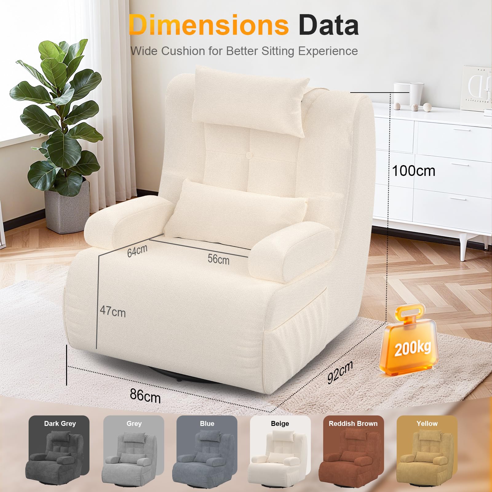 3-in-1 Relaxsessel, 360°Drehsessel,Extragroßer,Gepolsterter Hochlehner-Sessel mit 2 zusätzlichen Kissen, 2 Seitentaschen,Gepolstertem Sitzkissen und Rückenlehne, Akzent-Relaxsessel (Beige)
