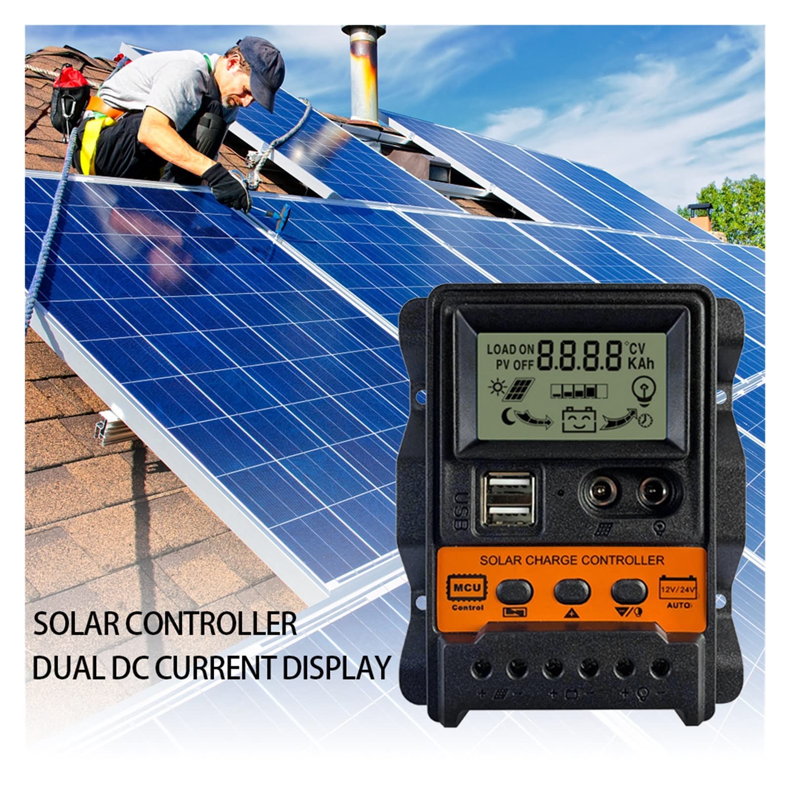 Regulator ładowania słonecznego 12V 24V 10A 20A 30A Regulator słoneczny Regulator baterii panelu słonecznego Regulator podwójny wyświetlacz LCD USB(20A)