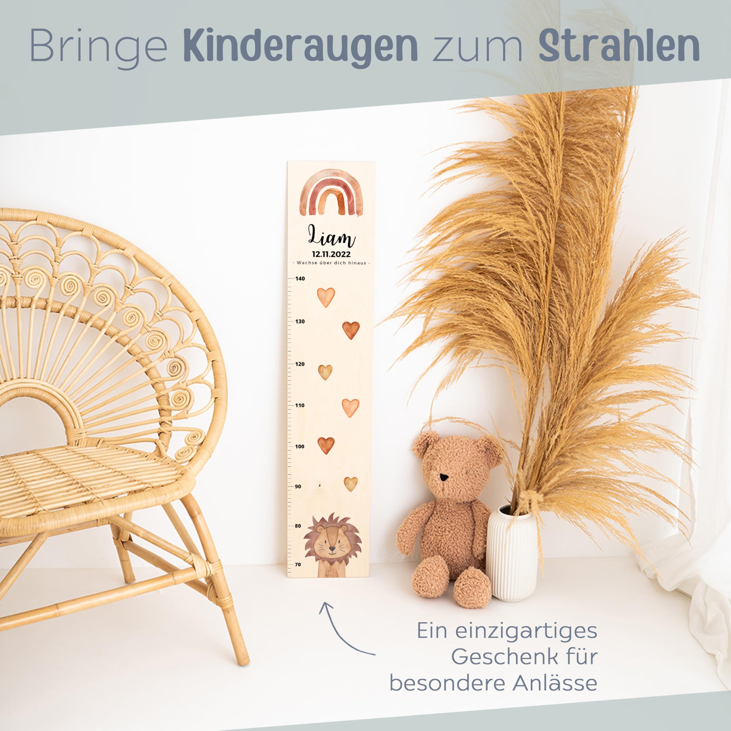 wunderwunsch® - Personalisierte Messlatte Kind Holz zum Kleben oder Aufhängen - Skala 70-140cm - Süße Dekoration für Baby- & Kleinkinderzimmer (Löwe)