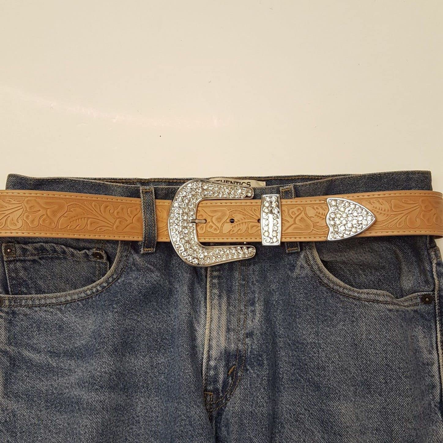 Western Embossed Belt with crystal buckle set (LXL, Tan(Big Floral))