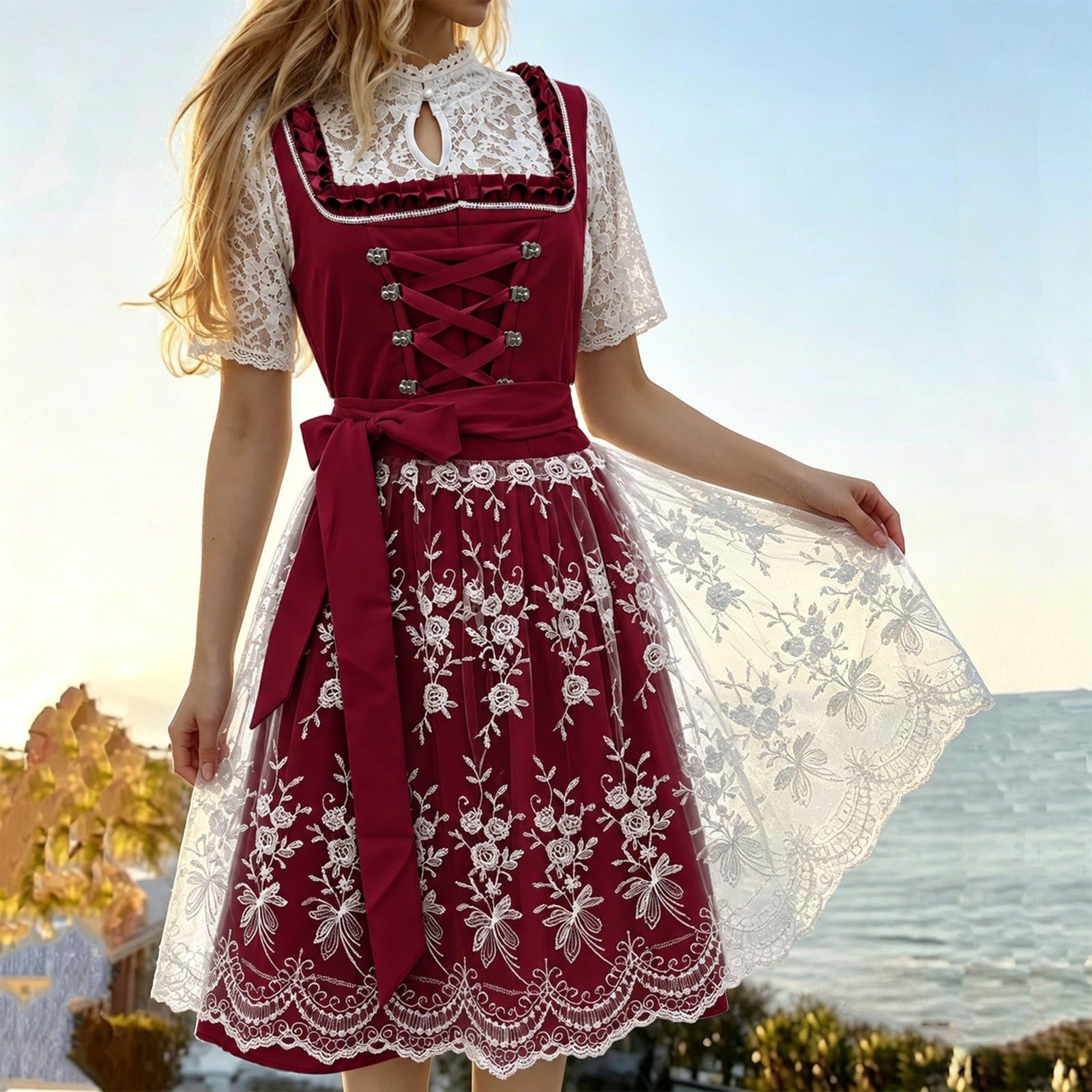 Dirndl Damen Midi Set 3 Teilig Oktoberfest Outfit Dirndlkleid inkl. Trachtenkleid Dirndlbluse Dirndlschürze Elegant Schlicht Spitze Trachten Kleid für Karneval Volksfeste
