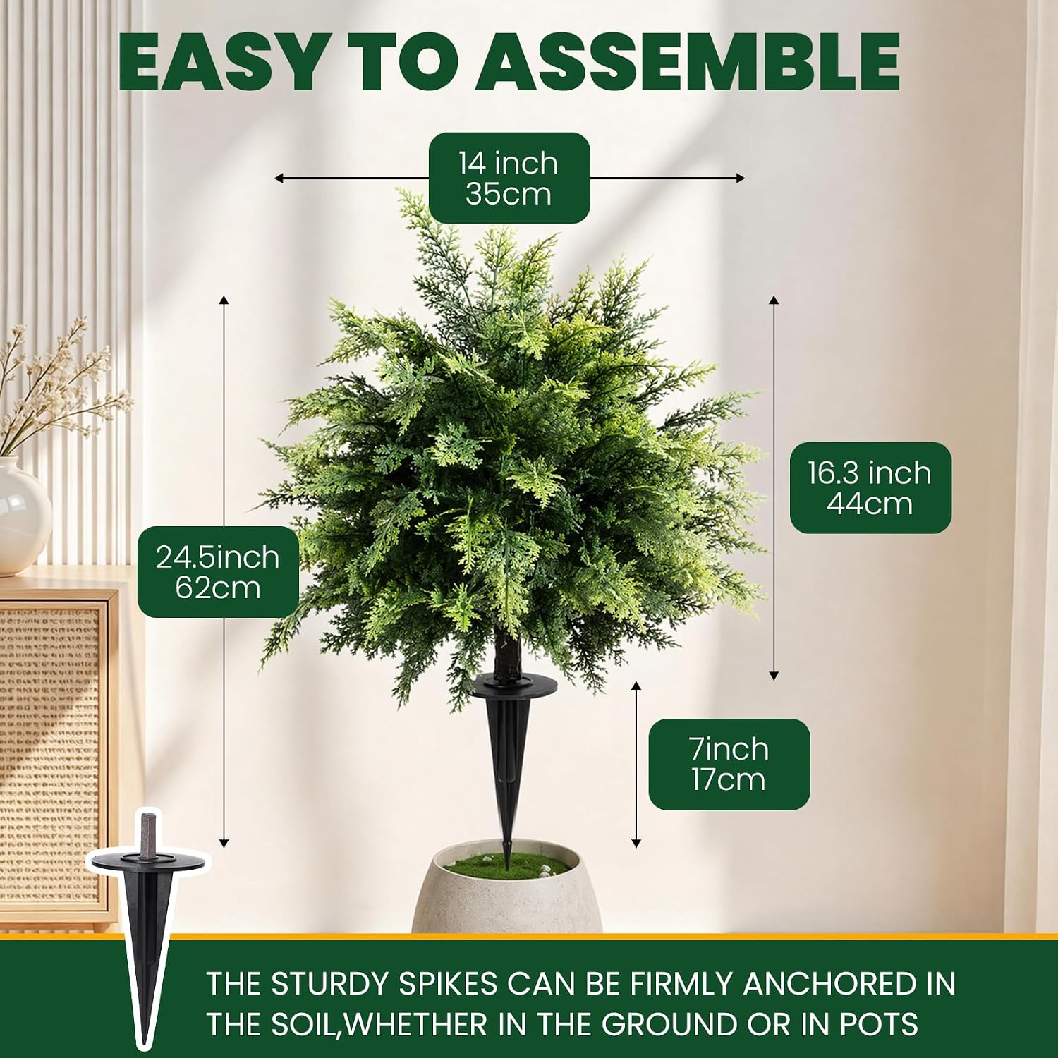 Artificial Cedar Topiary Trees 24 Inch with Ground Spike, 2 Pack Faux Cypress Shrubs for Outdoors, UV-Resistant Fake Pine Bush for Front Porch Garden Patio Indoor Planters Decor Light Green