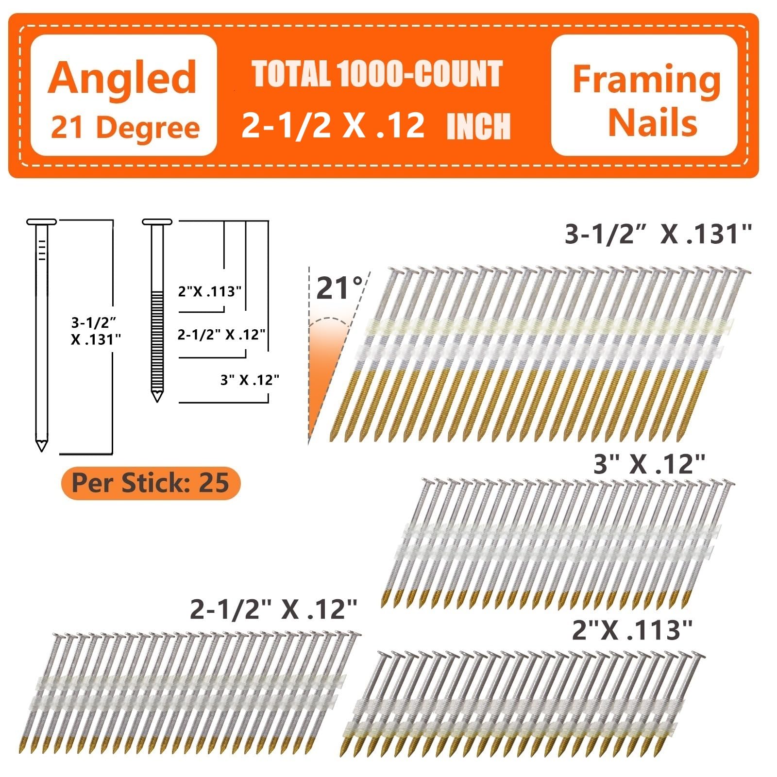 【さな】 SITLDY 21 Degree Framing Nails 700 Count, 2-1/2-Inch x .12
