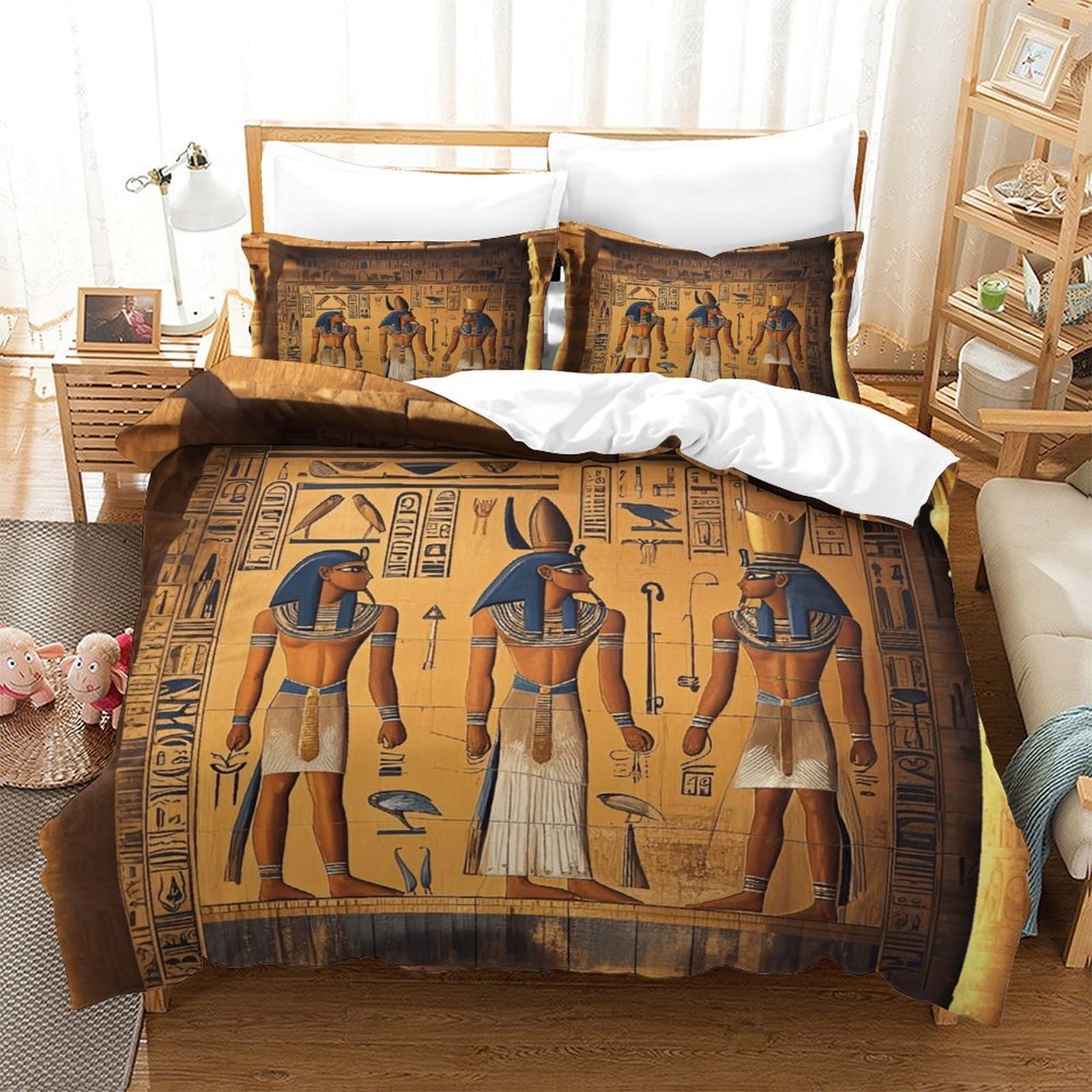 Lililaobiao Boys Ancient Egyptian Mural-2 3D Karnak Temple Reliefs Print Duvet Cover Set Double（200X200cm）, Breathable Ancient Egyptian Mural Bedding Set, Fashionable Quilt Cover Set For Kids & Adults Decoration Kids