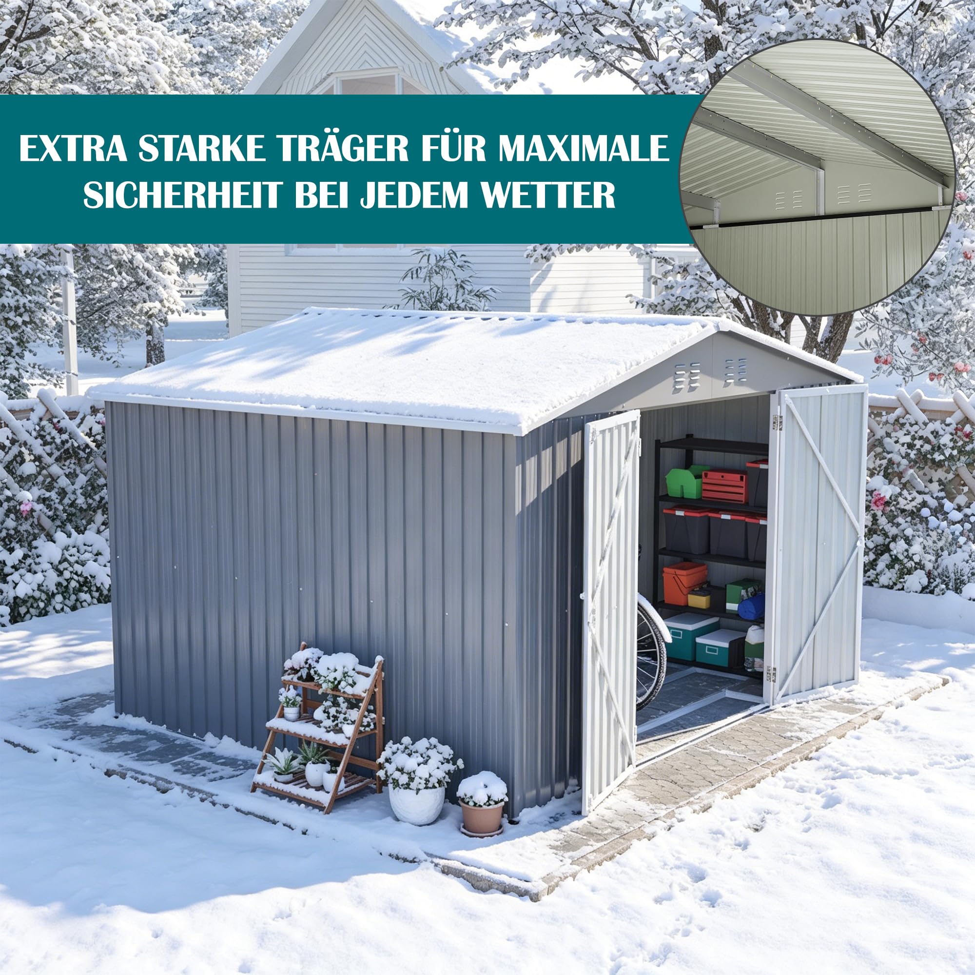 Metalowa szopa na narzędzia 2,4 x 1,8 m, antracytowa, szopa na narzędzia z drzwiami składanymi o szerokości 106 cm, odporna na warunki atmosferyczne, stalowa altana ogrodowa, idealna do narzędzi