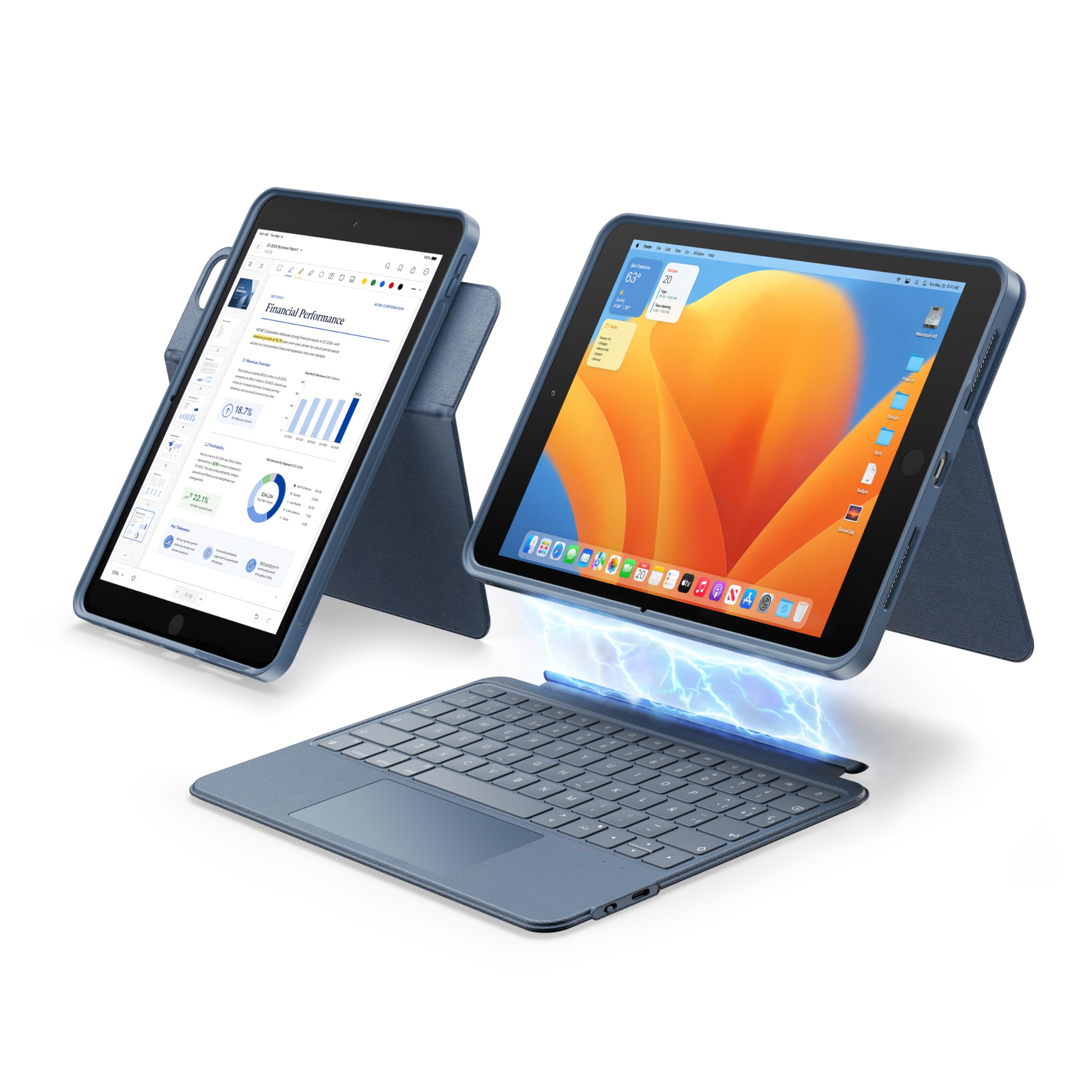 HOU Funda con Teclado 360° giratoria y extraíble para iPad 7.ª/8.ª/9.ª Gen | Soporte ajustable,vertical y horizontal,portalápiz,trackpad multitáctil,retroiluminación 7 colores,funda integral,Azul Marino