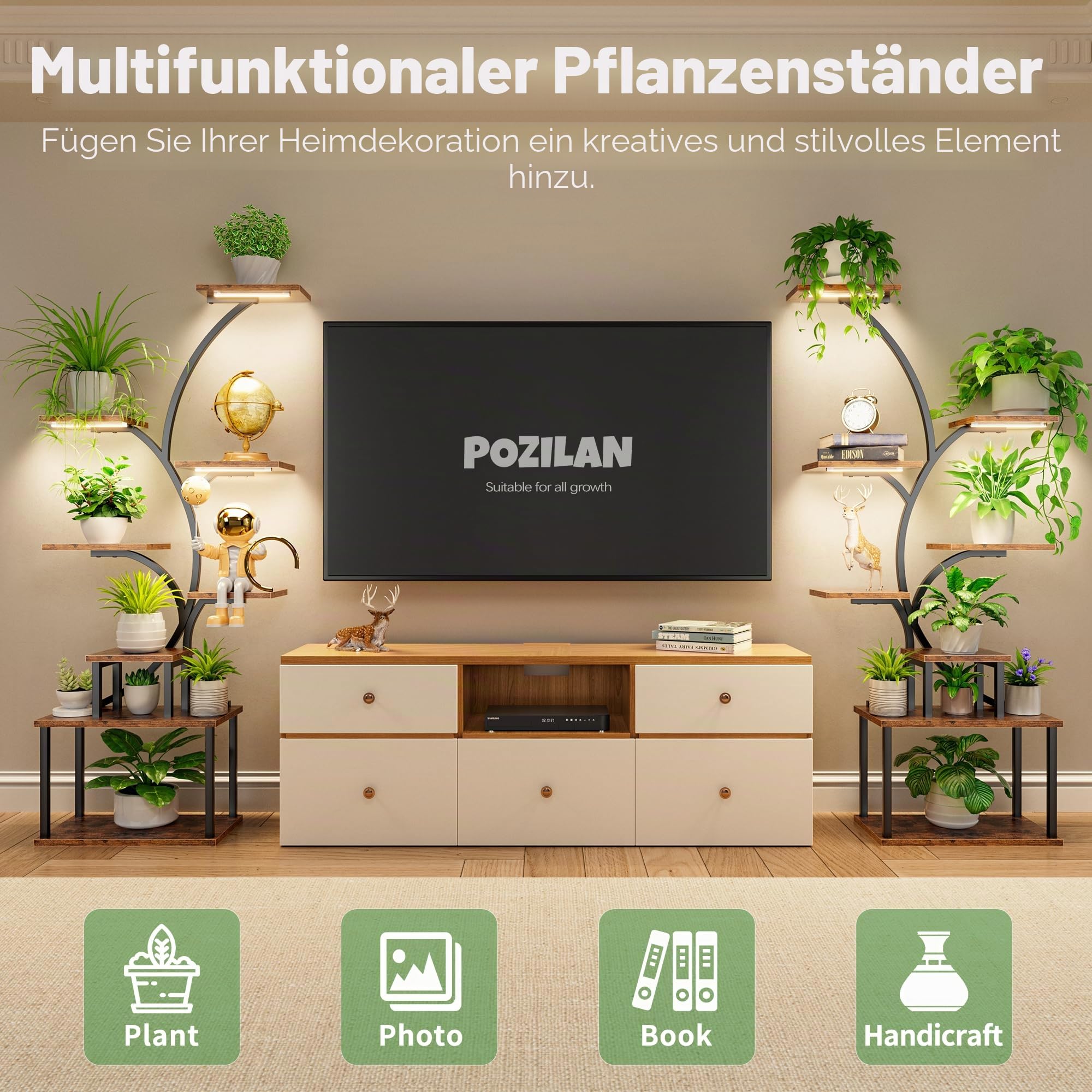 POZILAN Blumenständer pflanzenständer mit wachstumslicht - 158 cm 8 Etagen Pflanzenregal Blumenregal Metall Schwarz, Blumentreppe Pflanzentreppe Blumenbank für Mehrere Pflanzen, Plant Stand Shelf