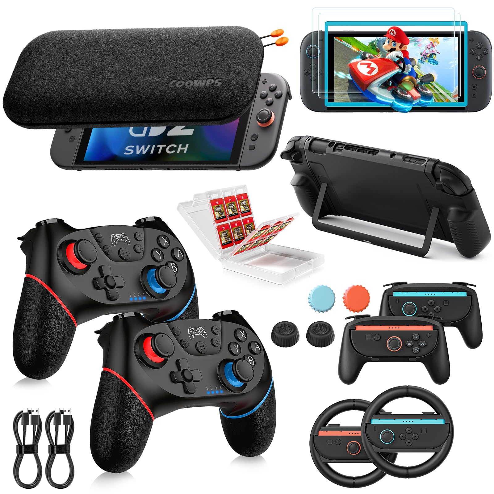 Pacchetto accessori Pro Controller per Nintendo Switch 2 17 in 1: custodia, case protettiva dockabile, impugnature Joy-Con, volanti, pellicole protettive, custodia card e grip analogici