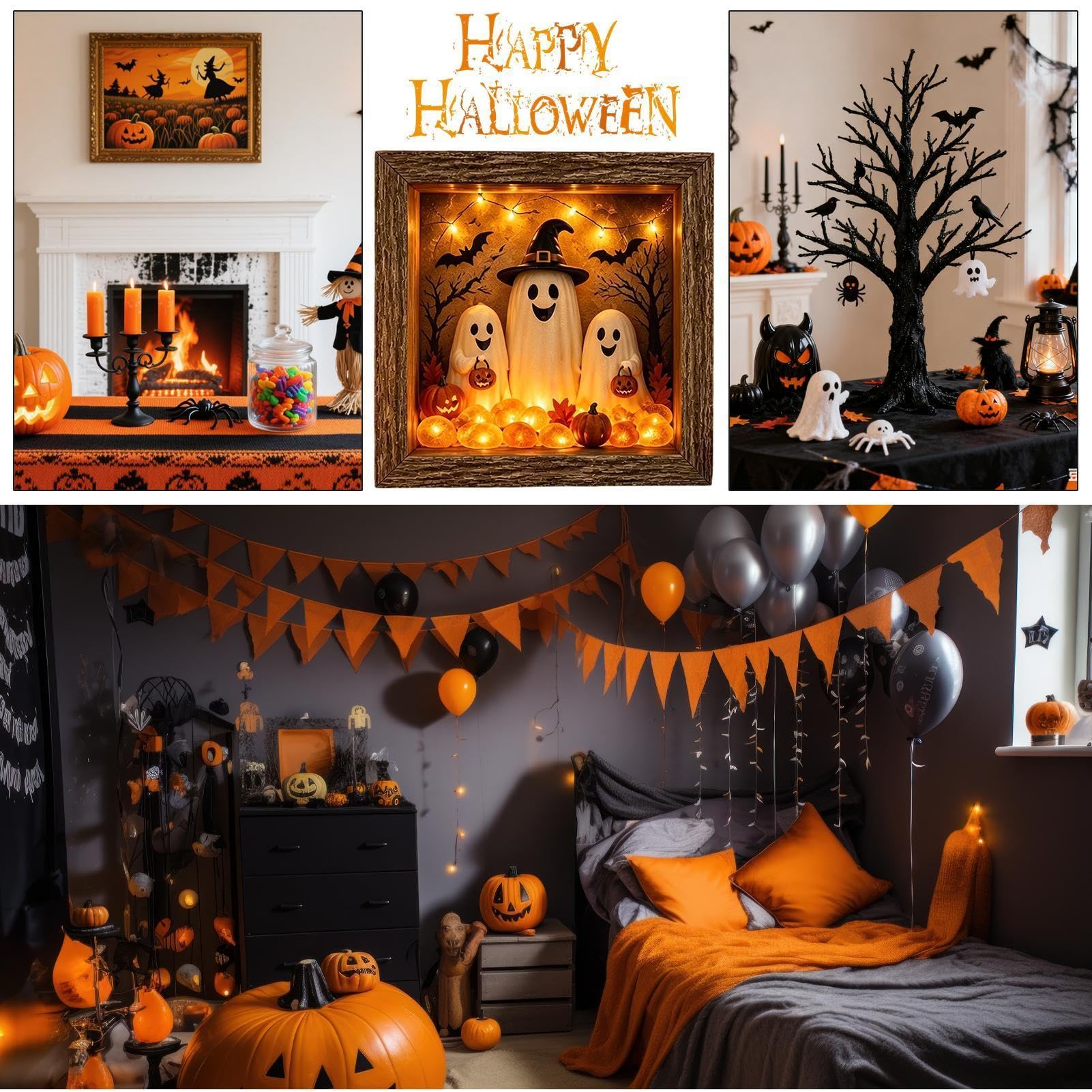 Scatola dei ricordi fai da te per Halloween, fatta a mano, decorazione rustica per Halloween | Cornice fantasma illuminata con pietra di vetro marino per interni: caminetto, scrivania, esposizione per feste
