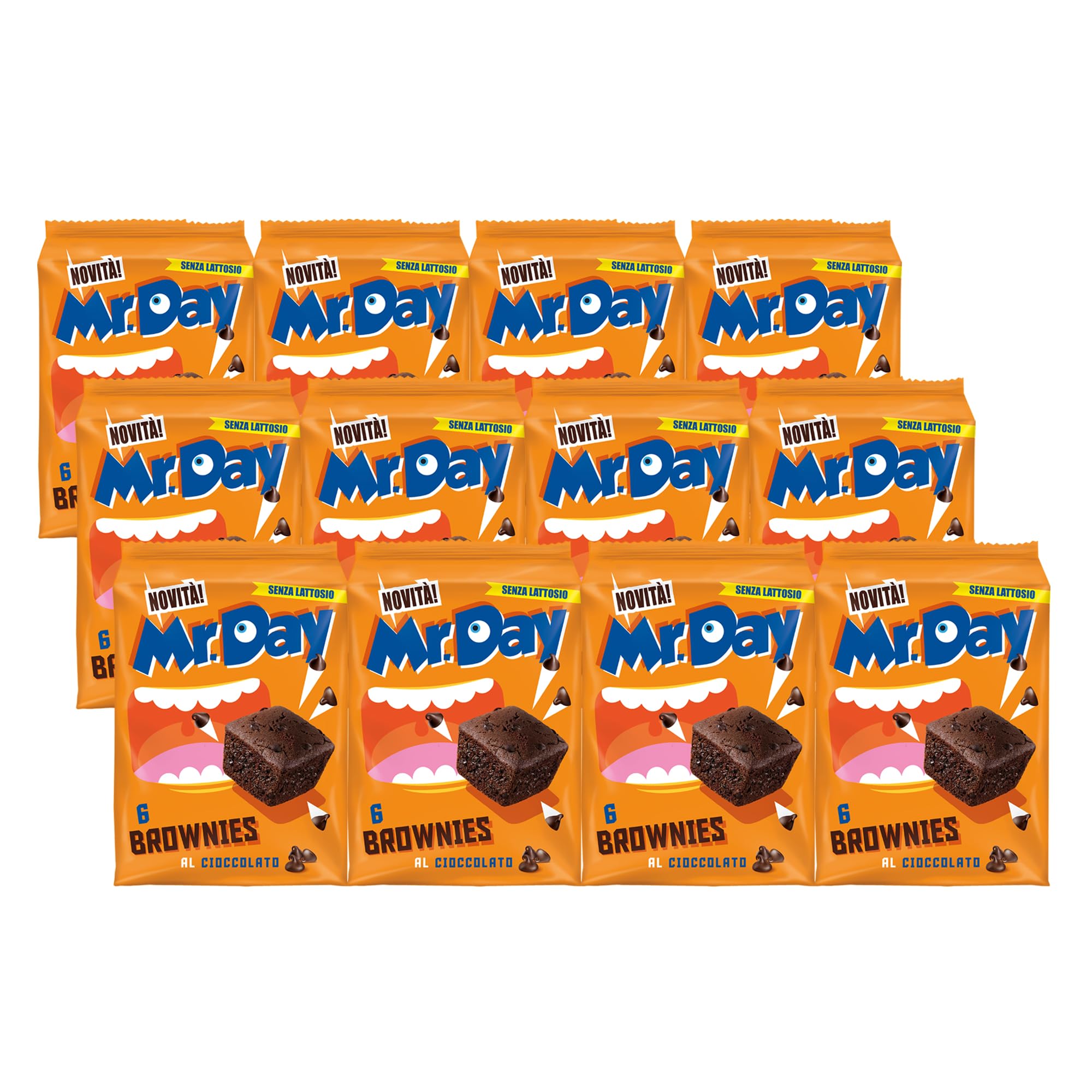 Mr.Day - Brownies al Cioccolato - Merendina Senza Lattosio e Senza Olio di Palma, Ideali per Colazione, Snack o Merenda, Formato Scorta, 12 Confezioni da 6 Brownies, 2.520 gr