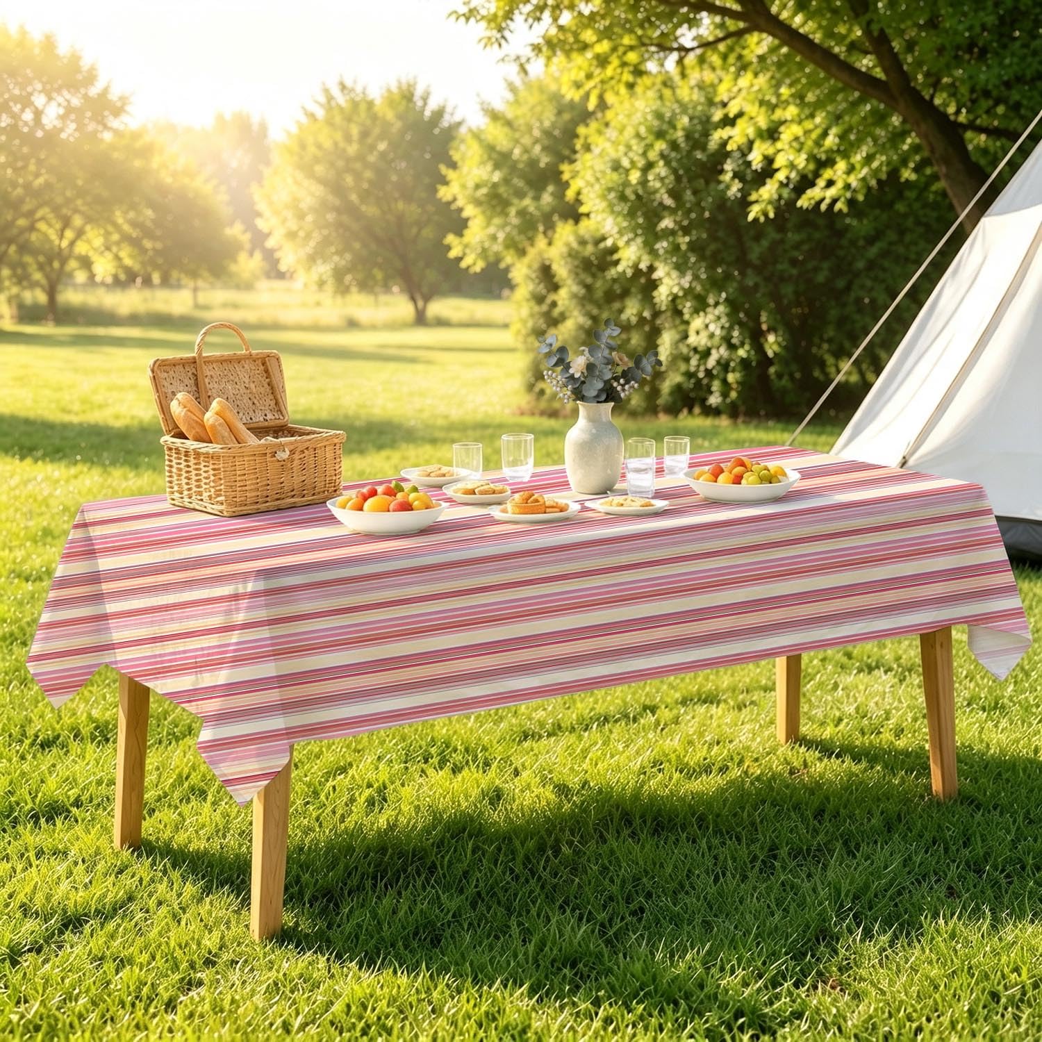 Tischdecke abwaschbar Polyester Bunte dünne Streifen 260 x 140 cm | Wasserabweisend, bedruckter pastell Streifenmuster Polyesterstoff, platzsparend faltbar, rechteckig, für Küche & Outdoor