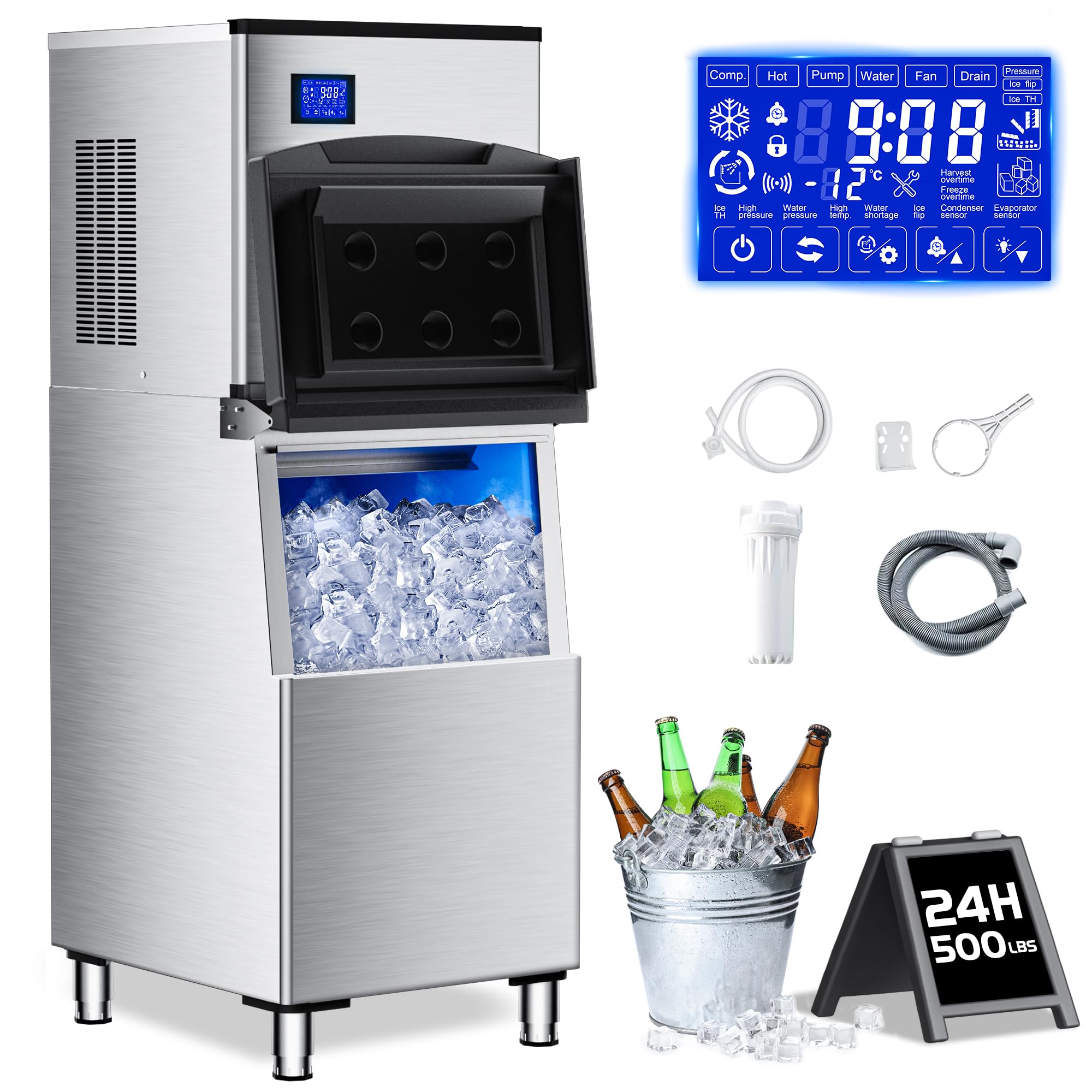 Commercial Ice Maker Machine 500Lbs/24H with 350Lbs Large Ice Storage Bin,Stainless Steel Industrial Ice Machine 156 Ice Cubes/Cycle with Touch Screen,Self-Cleaning for Restaurants Bars Cafes