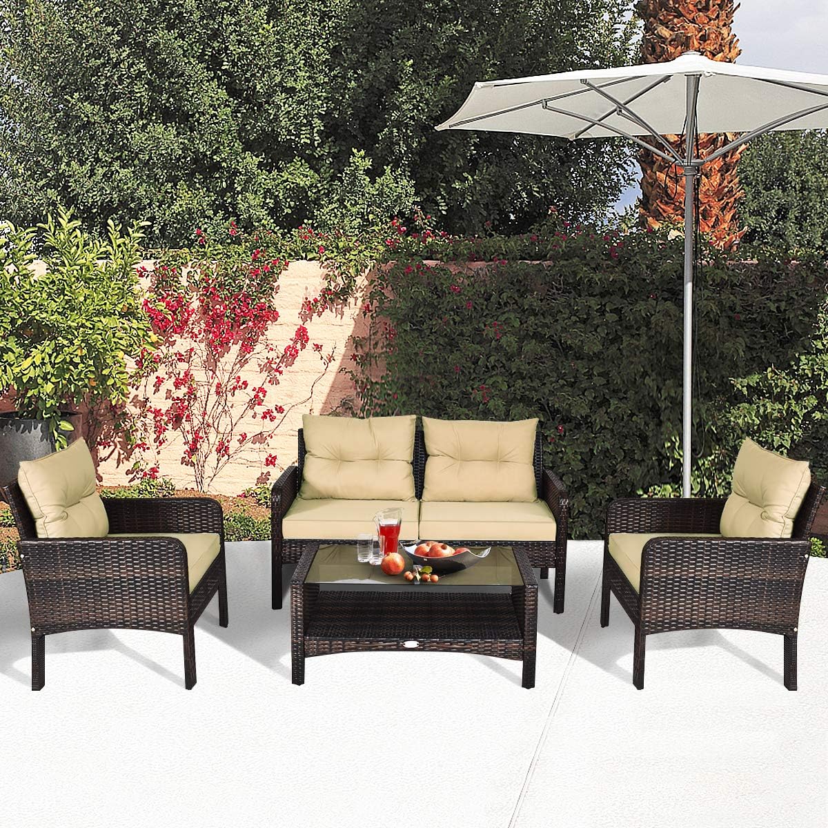 DORTALA 4 Pieces Rattan Patio Conversation Set, Outdoor Wicker Furniture Set with Chairs, Loveseat, Cushions and Glass Top Coffee Table for Garden Porch Poolside Balcony, Brown