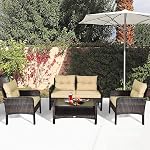DORTALA Wicker Patio Furniture Set 4 Piece, Outdoor Rattan Table and Chairs with Tempered Glass Coffee Table, Loveseat, Cushions, Conversation Sofa Set for Balcony, Porch, Backyard, Deck, Brown