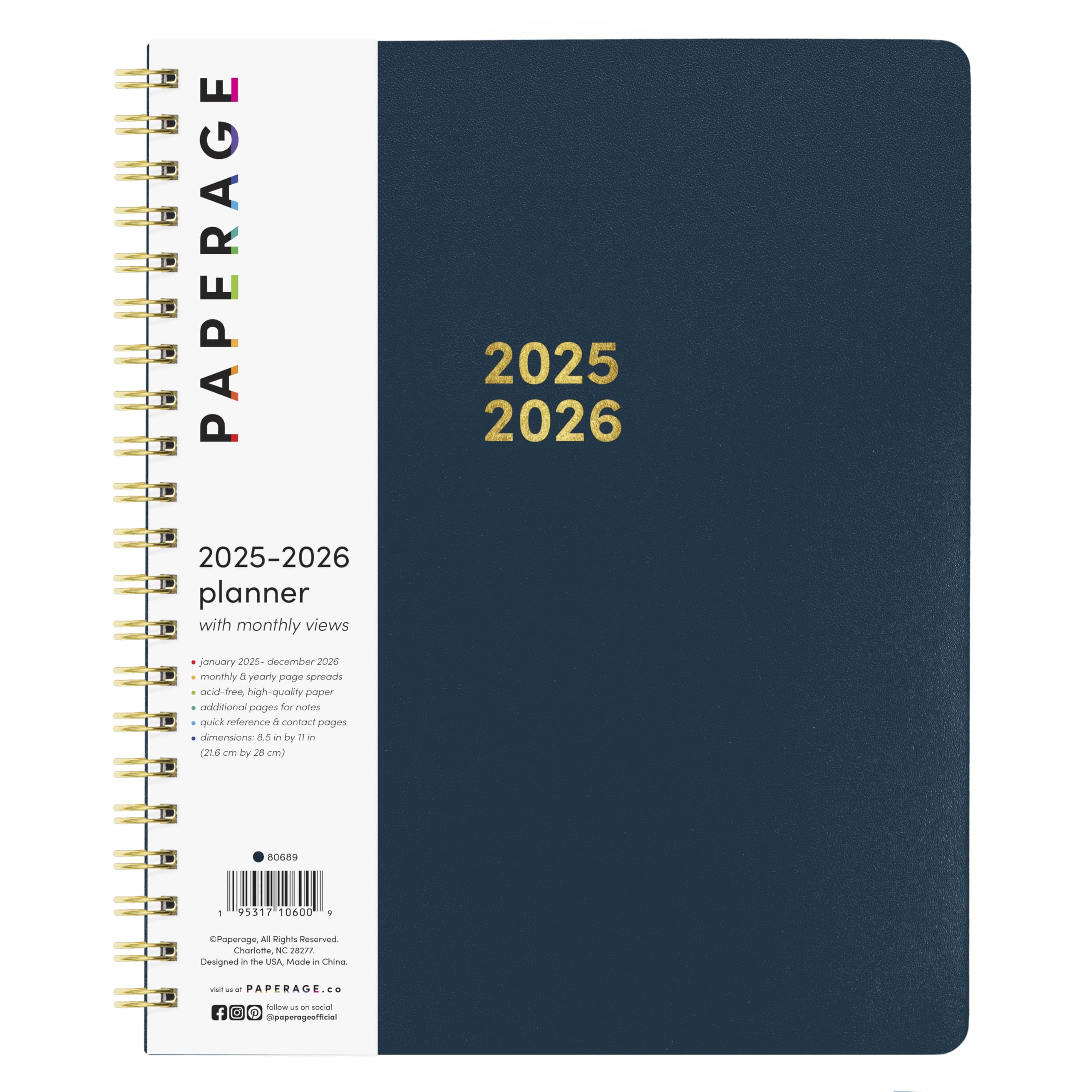 PAPERAGE 2 Year Spiral Bound Planner 20252026 (Navy), 24
