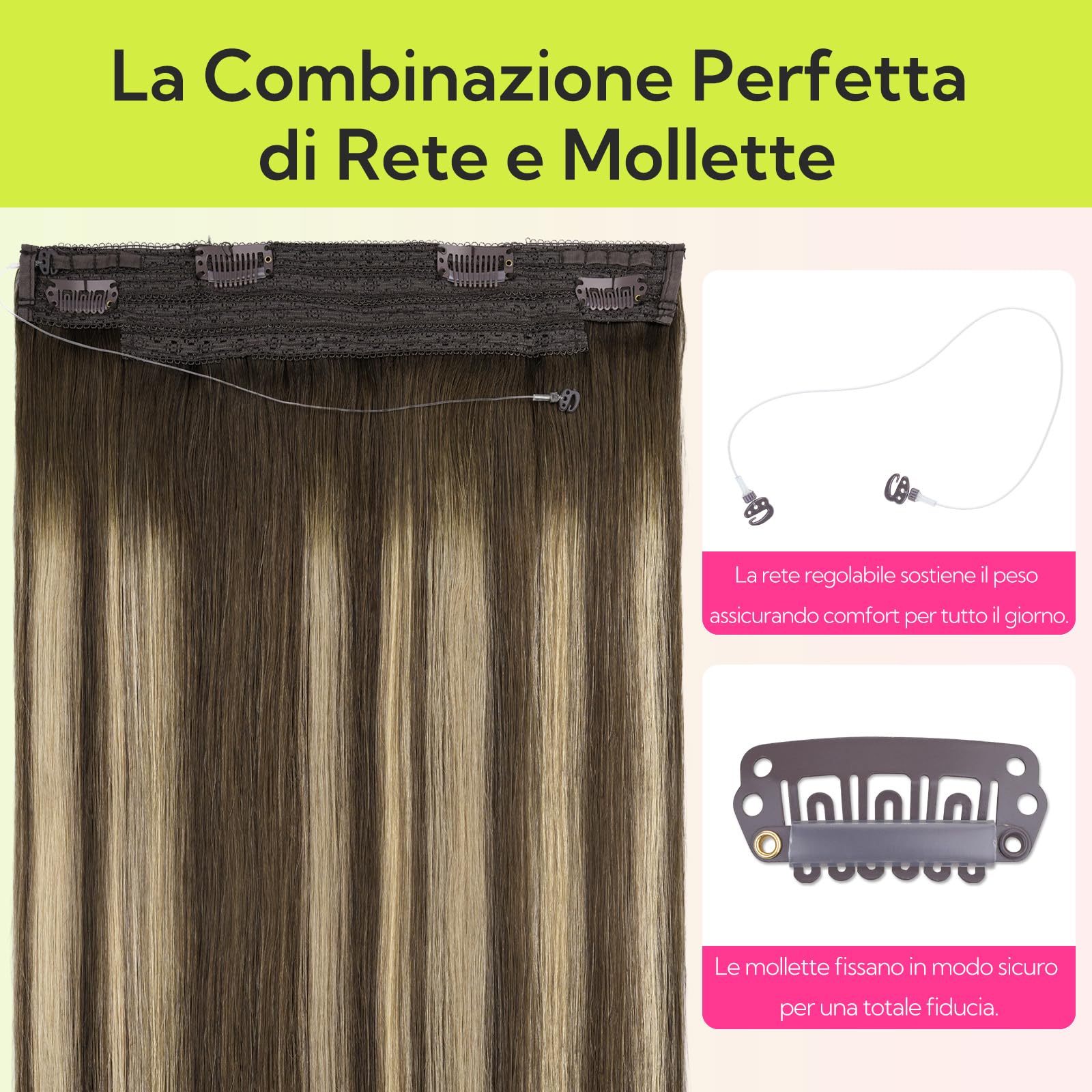 hotbanana Extension Capelli Veri con Filo Invisibile, 45cm 95g Balayage Marrone Cioccolato a Biondo Miele Capelli Umani Remy Lisci, Invisible Wire Hair Extensions, Extension in Capelli Veri