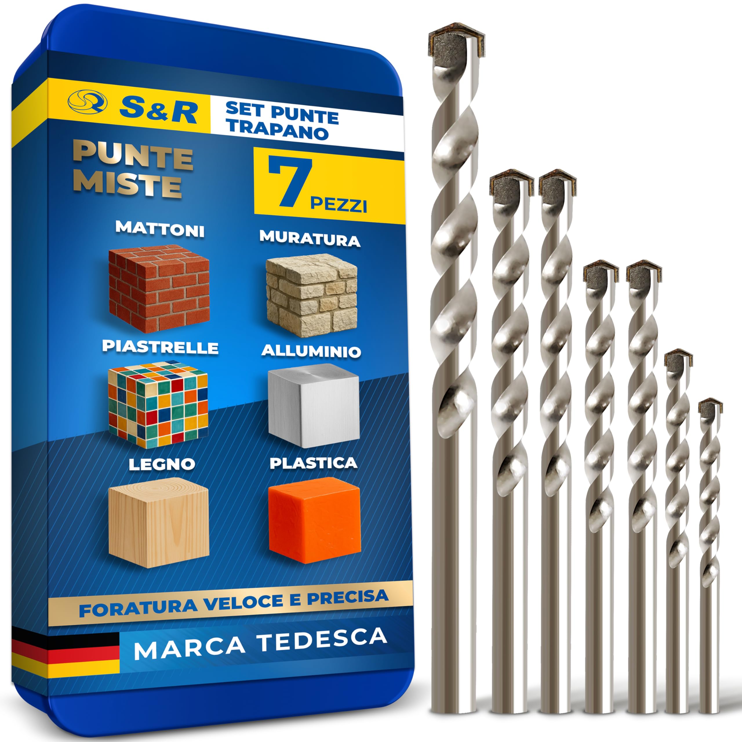 S&R 7 Punte Trapano per Muratura, Muro, Cemento. Set di Punte Miste per Ferro Metallo, Legno, Ceramica. Punte a Percussione con Attacco Rotondo.