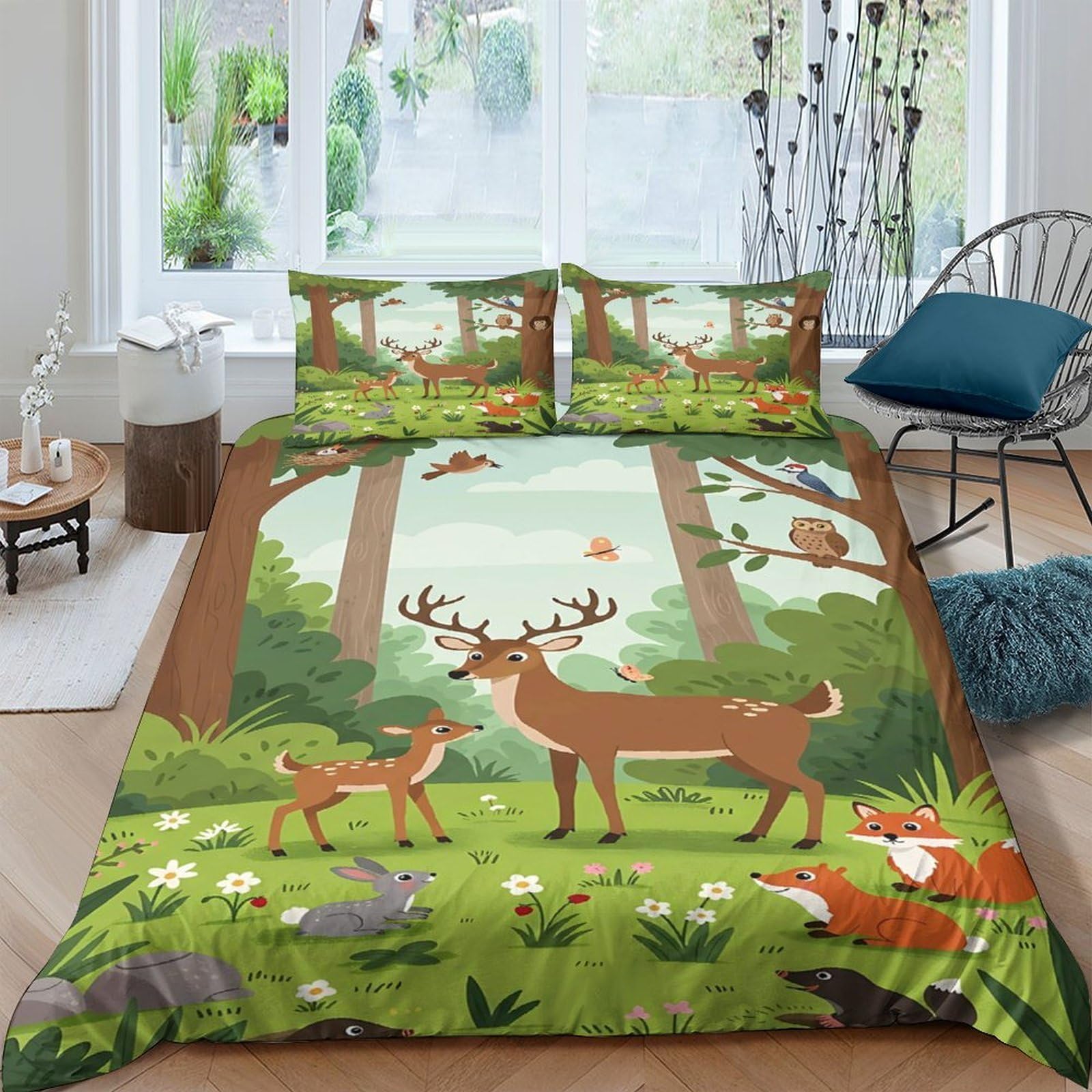 Ctjqhvkz Style-10 3D Printed Forest Deer Fitted Sheet Microfiber Soft Green Woodland Mattress Cover For Bedroom Guest Room Decor Single（135X200cm）
