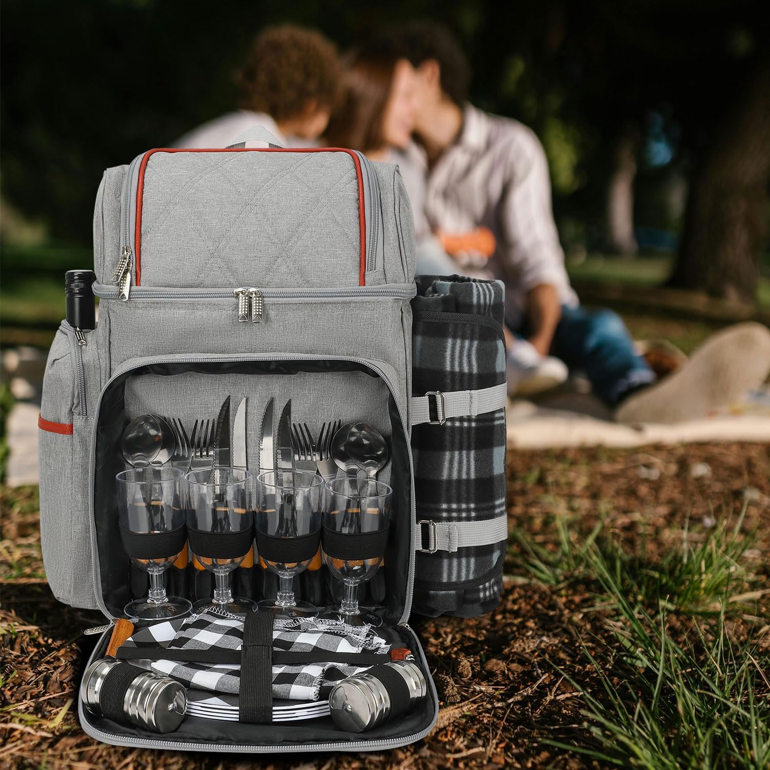 Rnoony Picnic Backpack for Camping, Picnic Basket for with Insulated Cooler Bag and Bottle Pouch,Camping Gifts for Couples with Lightweight Blanket and Cutlery Set for Family, Couple and Hiking