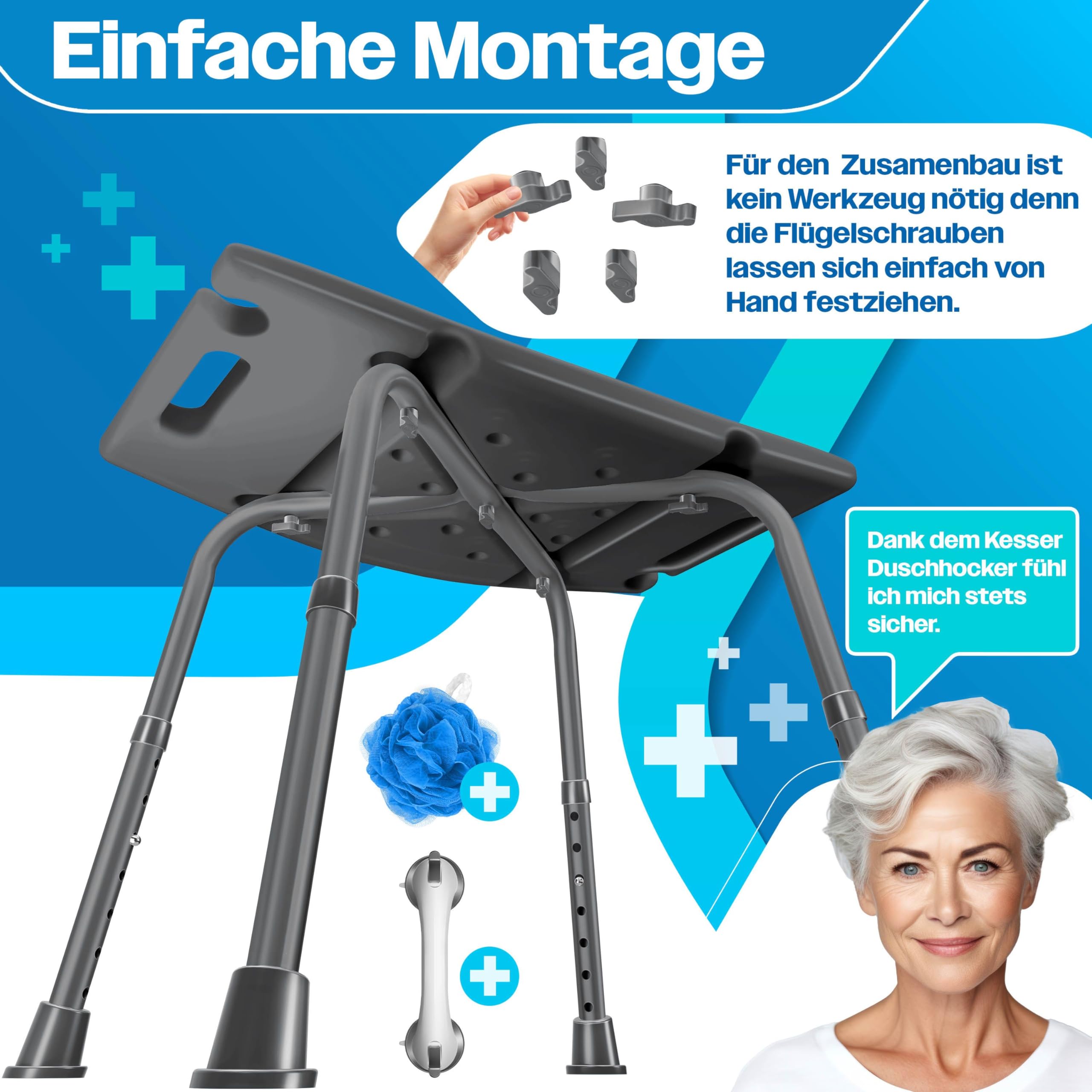 KESSER Taburete de ducha regulable | ligero taburete de baño antideslizante pies de goma silla de ducha soporta 136 kg | ayuda de ducha para personas mayores | asa de sujeción con ventosa | asiento de