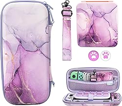 FUNDIARY Hard Shell Carrying Case for Nintendo Switch and OLED, Portable Carry Case with 10 Game Card Solts, Cute Travel Case with Game Case, 2 Thumb Caps and Adjustable Shoulder Strap(Purple Marble)