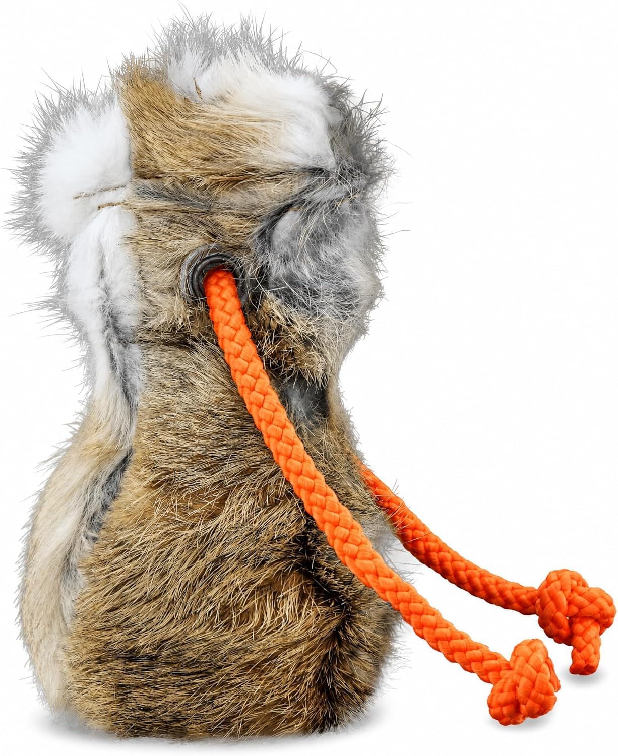 Romneys Dummy Hundetraining, Dummyball aus echtem Kaninchenfell mit neonoranger Wurfschnur, Apportierdummy Wurfball für Hunde mit Seil, Ø 8 cm, 150 g, robuste Metallöse, Outdoor