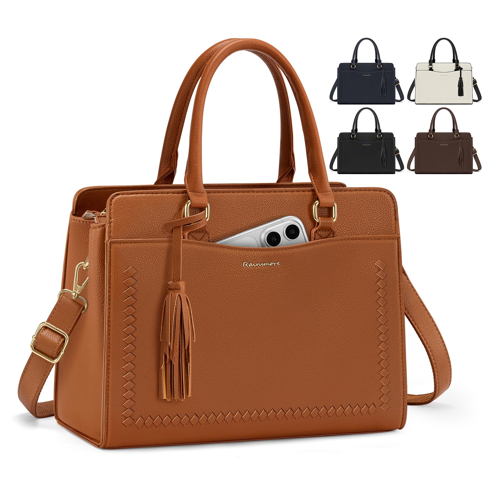 RAINSMORE Handtasche Damen Mittelgroß Umhängetasche Damen Kunstleder | Henkeltasche Damen Wasserabweisend Arbeitstasche für 11" Tablet mit Schulterriemen für Arbeit Freizeit Alltags Tasche