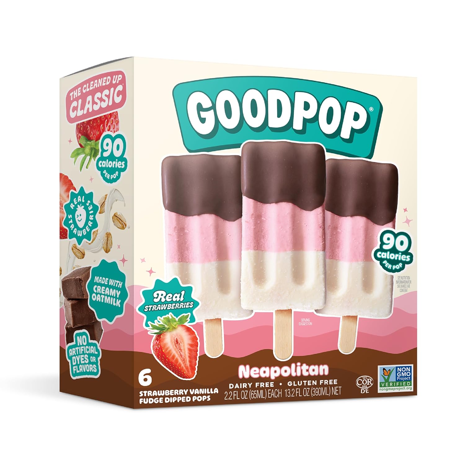 GoodPop Neapolitan Strawberry Vanilla Fudge Dipped Pops - Non-GMO Gluten-Free Frozen Treats, 6 Count