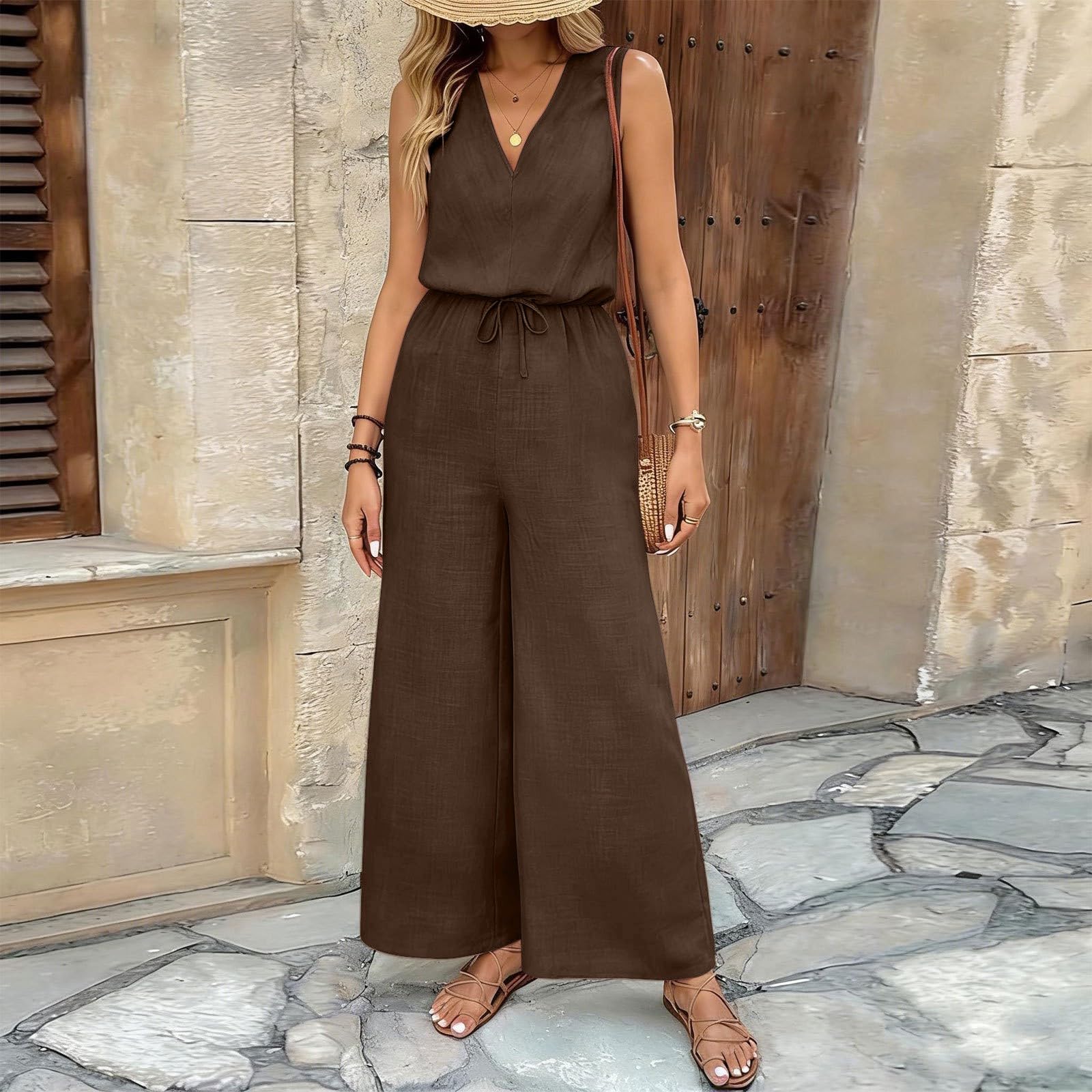 Generisch Tuta da donna a gamba larga, con scollo a V, senza maniche, tuta casual, tuta intera elegante, leggera e traspirante, tuta estiva in cotone per il tempo libero