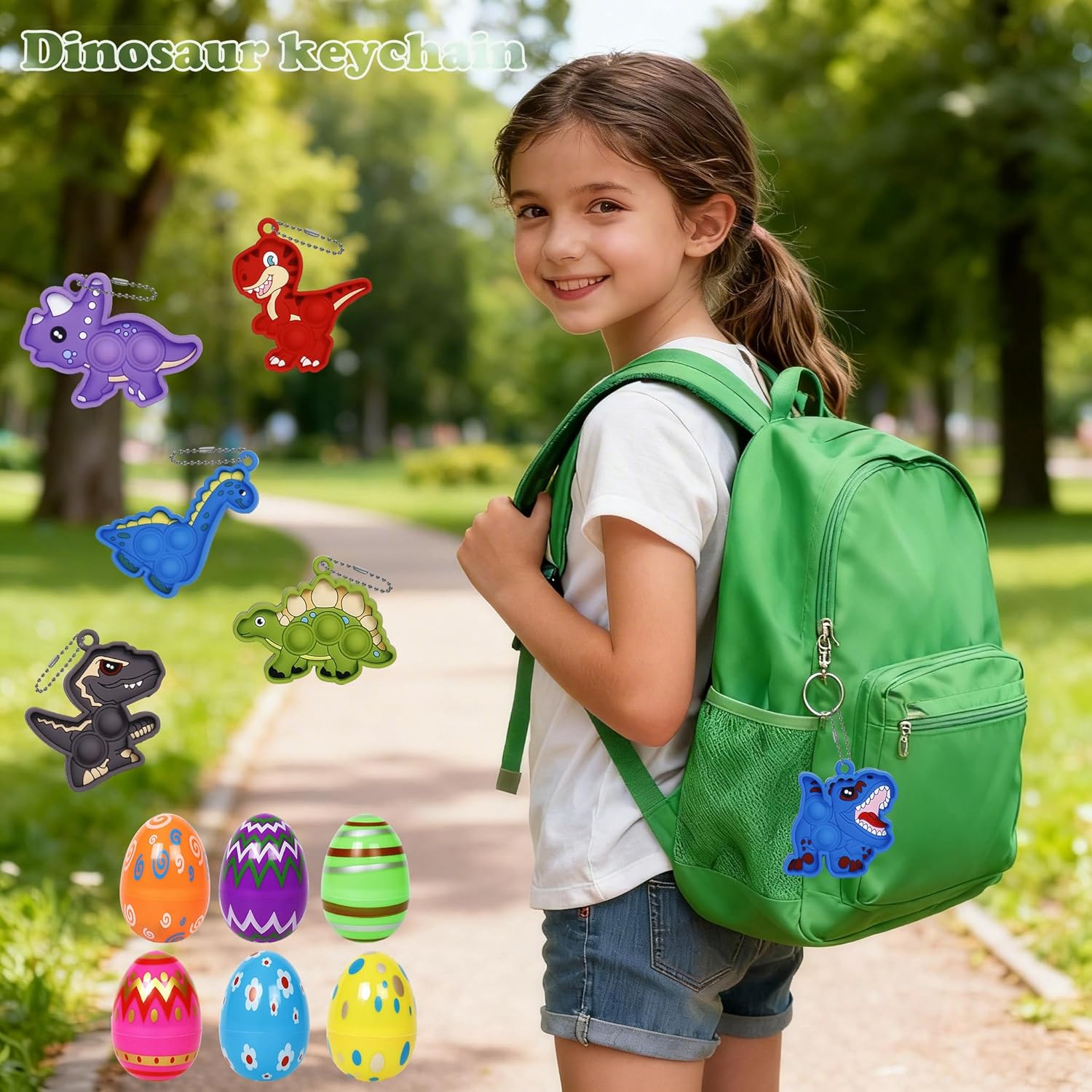 24 Pack Prefilled Easter Eggs with Dinosaur Pop Keychain Toys for Egg Hunt Easter Party Favors for Kids Boys Girls Easter Basket Stuffers