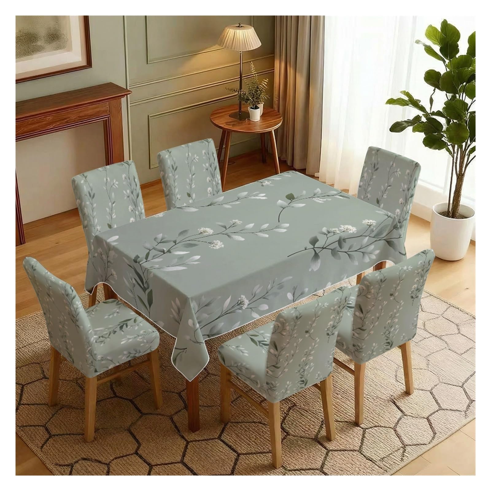 BOSUYBN Sage Green Leaf Floral Dining Tablecloth & Chair Cover Set, 5/7 Piece Minimalist Botanical Slipcovers For Neutral Home Table Setting(7pcs Set: Tablecloth+Chair Covers)