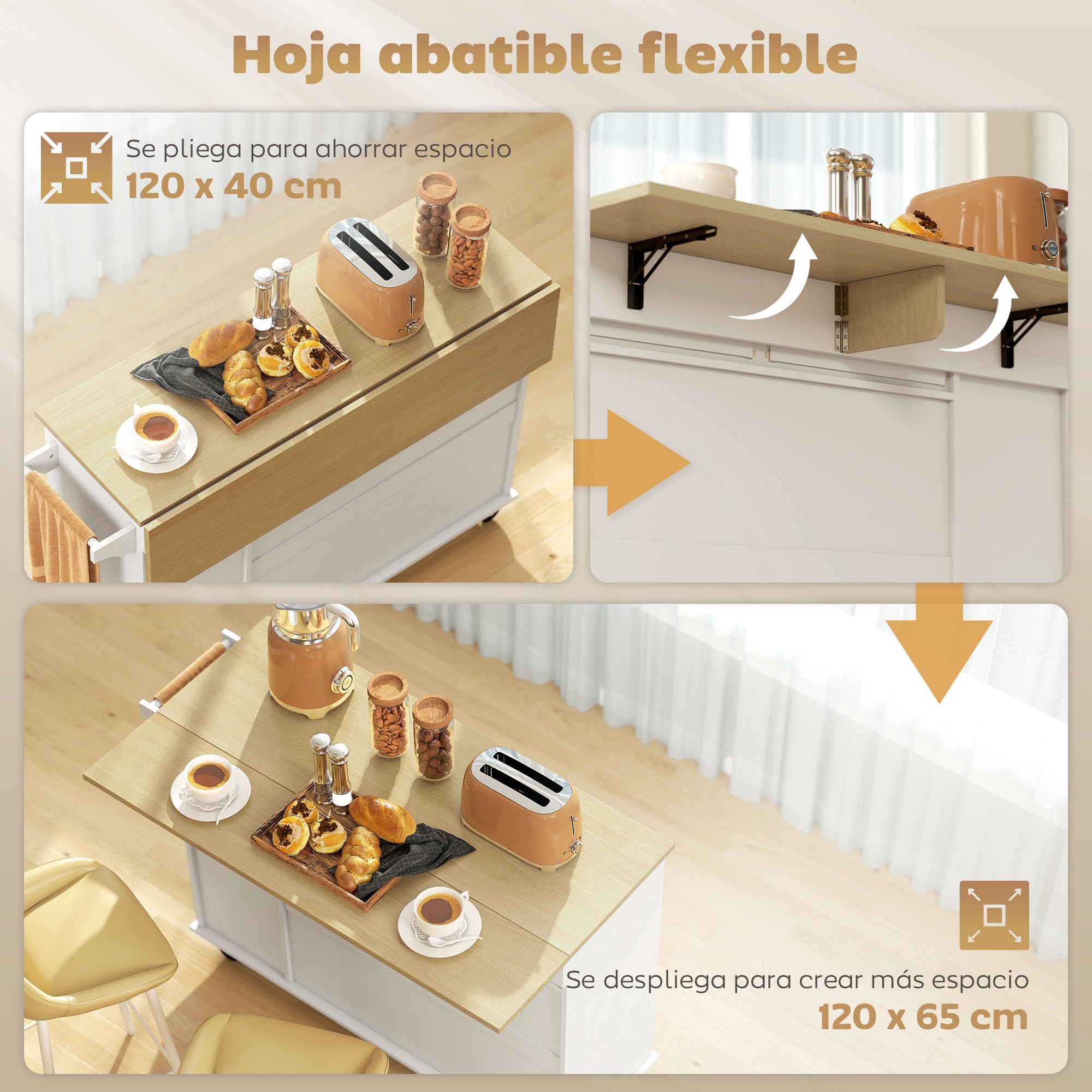 HOMCOM Isla de Cocina con Ruedas Encimera Plegable Carro de Cocina Blanco