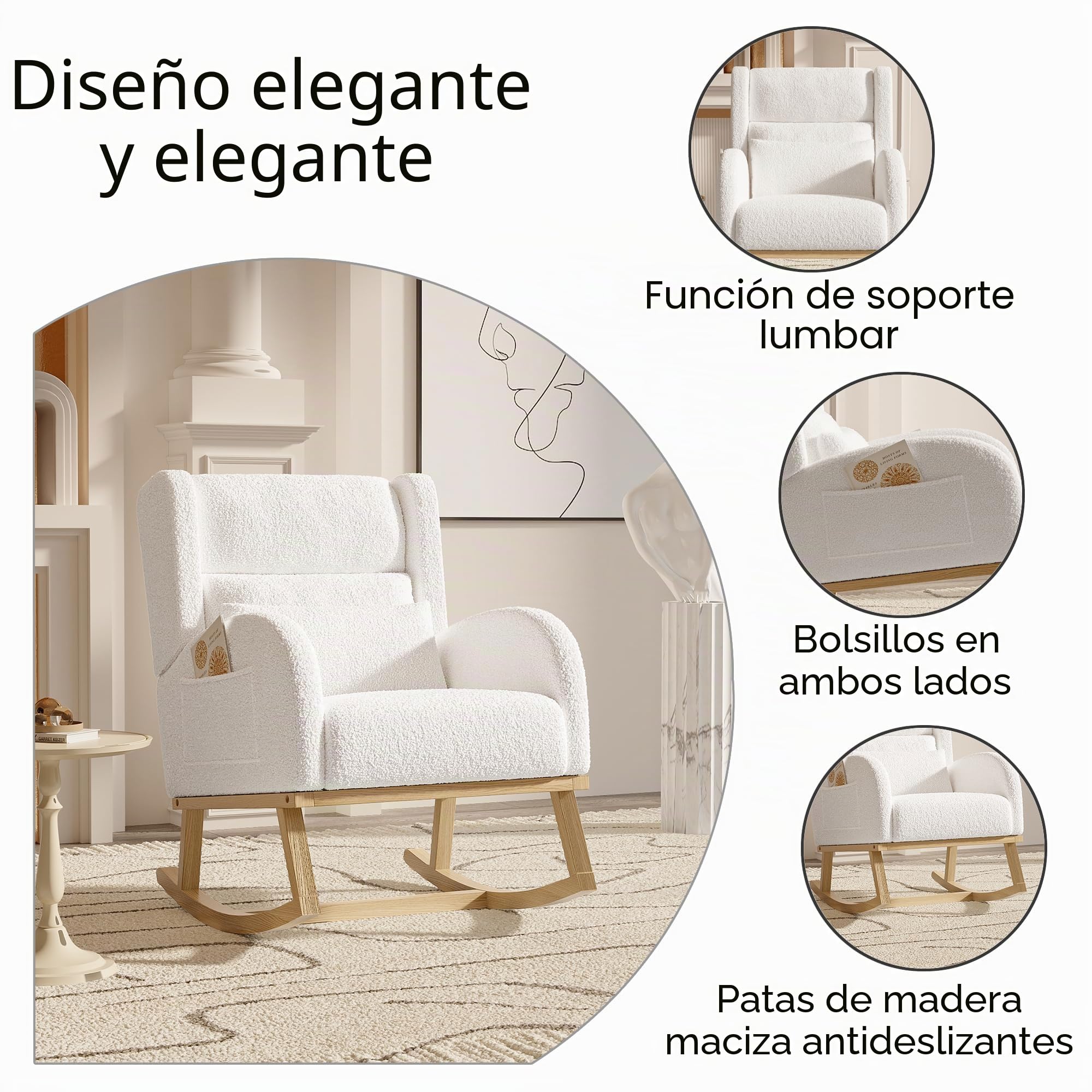 Sillón mecedora de lana de cordero con soporte lumbar, silla acolchada cómoda, bolsillos laterales, sillón de lactancia moderno y lectura (blanco)