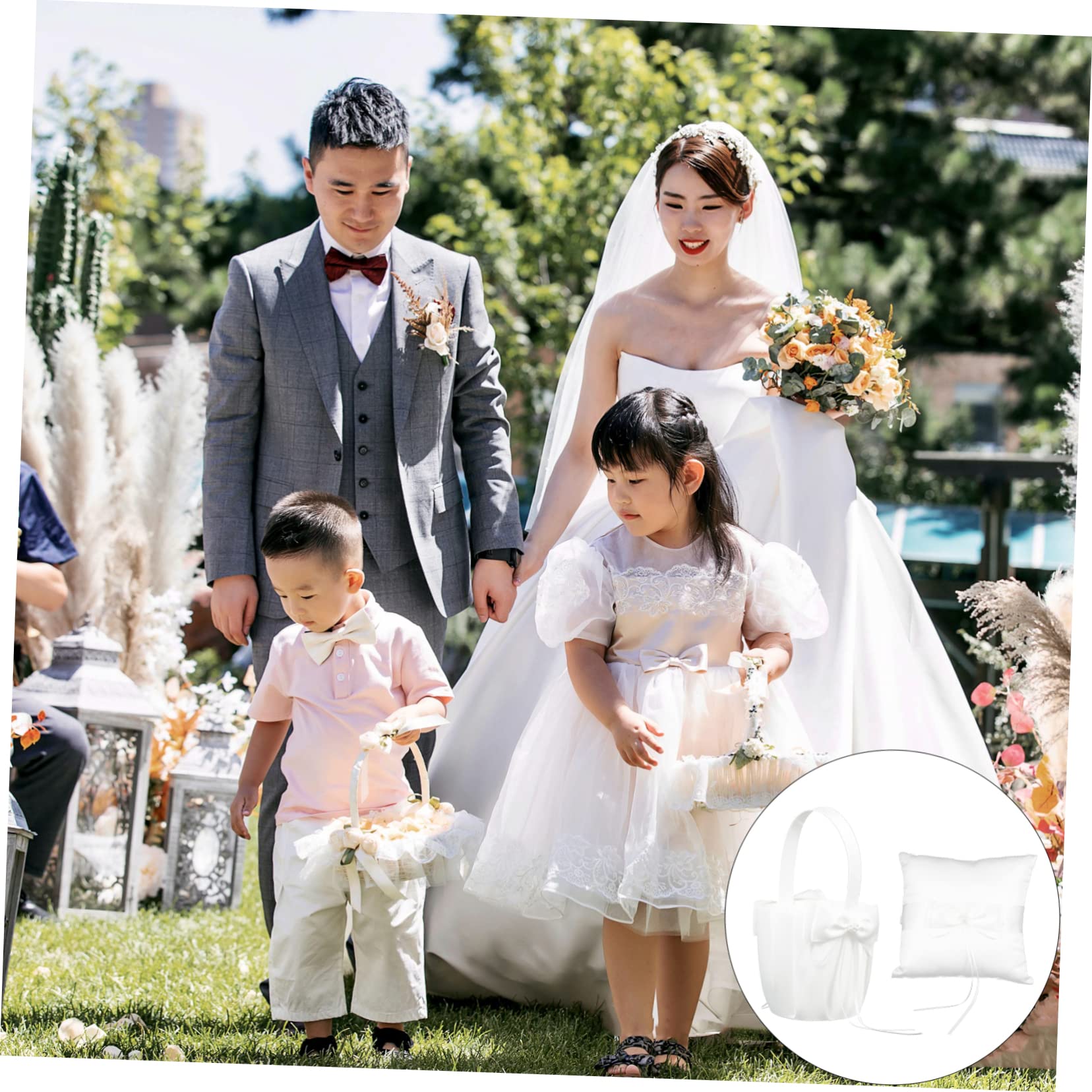 MUCKLILY Modern Bowknot Ring Pillow with Basket Wedding Flower Basket Pillow for Bride