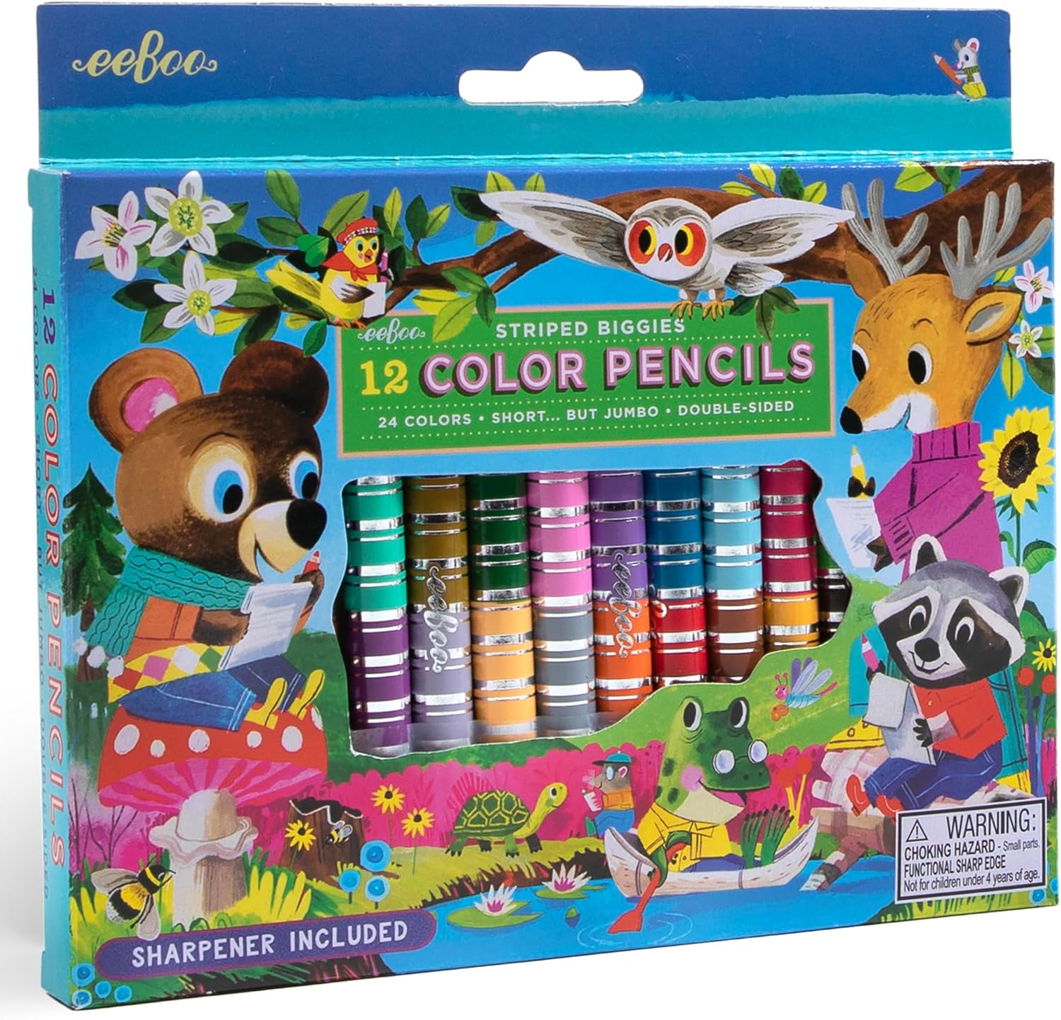 eeBoo: Striped Biggies 12 Color Pencils: Magical Creatures - 12pc Set w/ 6 Fluorescent & 6 Metallic Colors, Includes Sharpener, Art Supplies, Kids Ages 4+