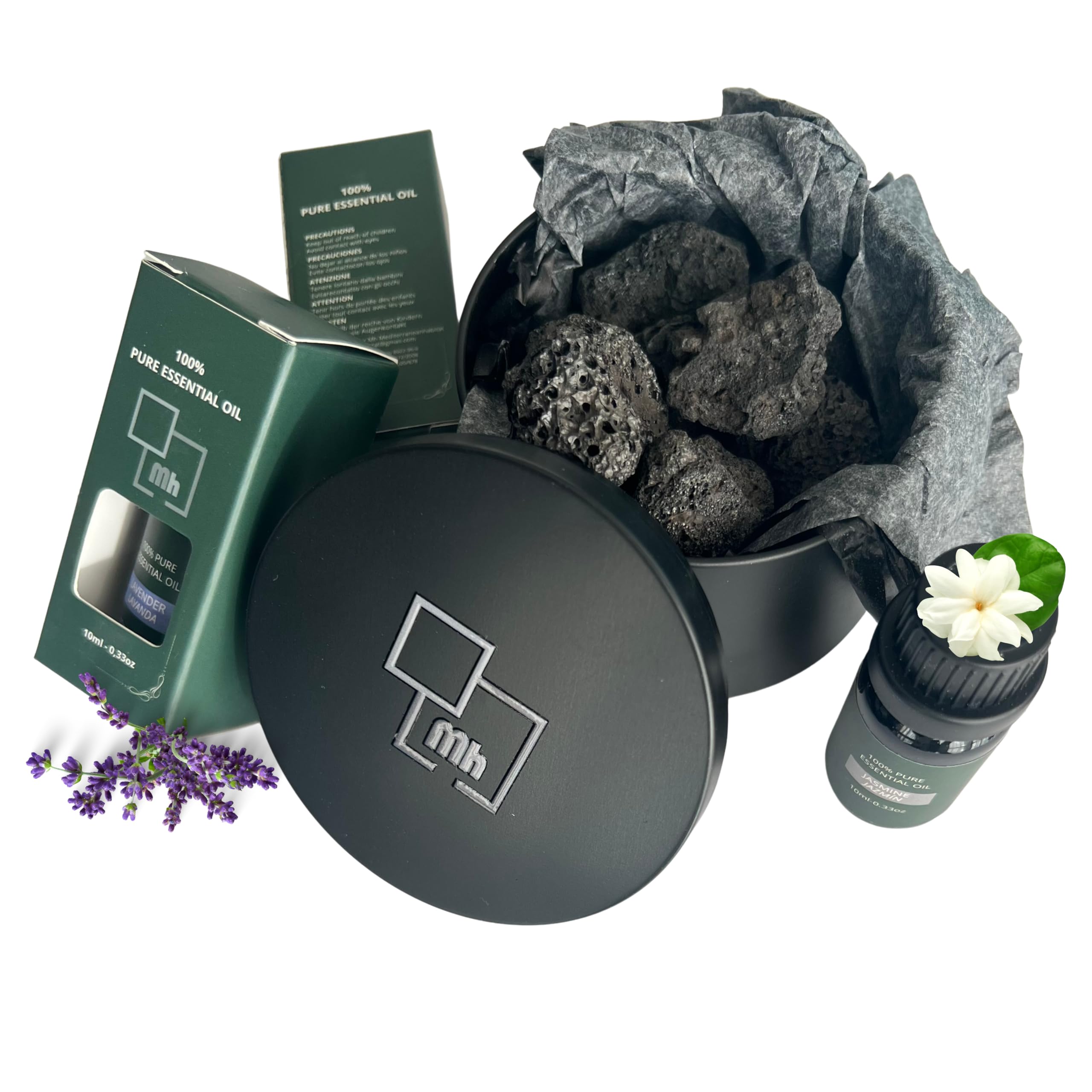 Difusor Aceites Esenciales - Con 2 Aromas, Jazmín y Lavanda 10ml - Piedras Volcánicas 100% Naturales - Uso Relajante - Ideal para Baño, Yoga o Comedor - Sin Electricidad - Fácil Aplicación