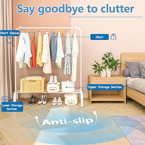 Miniatura 35 de JIUYOTREE Perchero de metal para ropa de 43.3 pulgadas con estante inferior, perchero para colgar ropa, abrigos, faldas, camisas, suéteres, gris