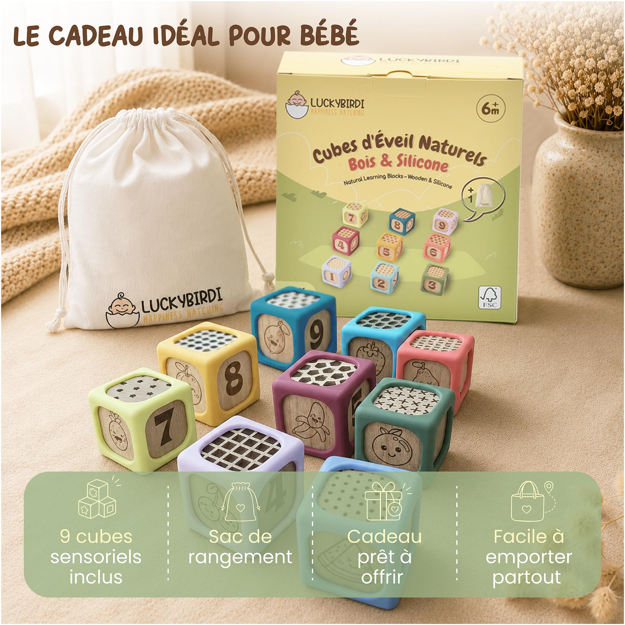 Cubes Empilables Bébé Montessori 6-24 Mois – Jouet Sensoriel Bois & Silicone sans BPA – Motricité Fine & Dentition – Cadeau Naissance – 9 Pièces