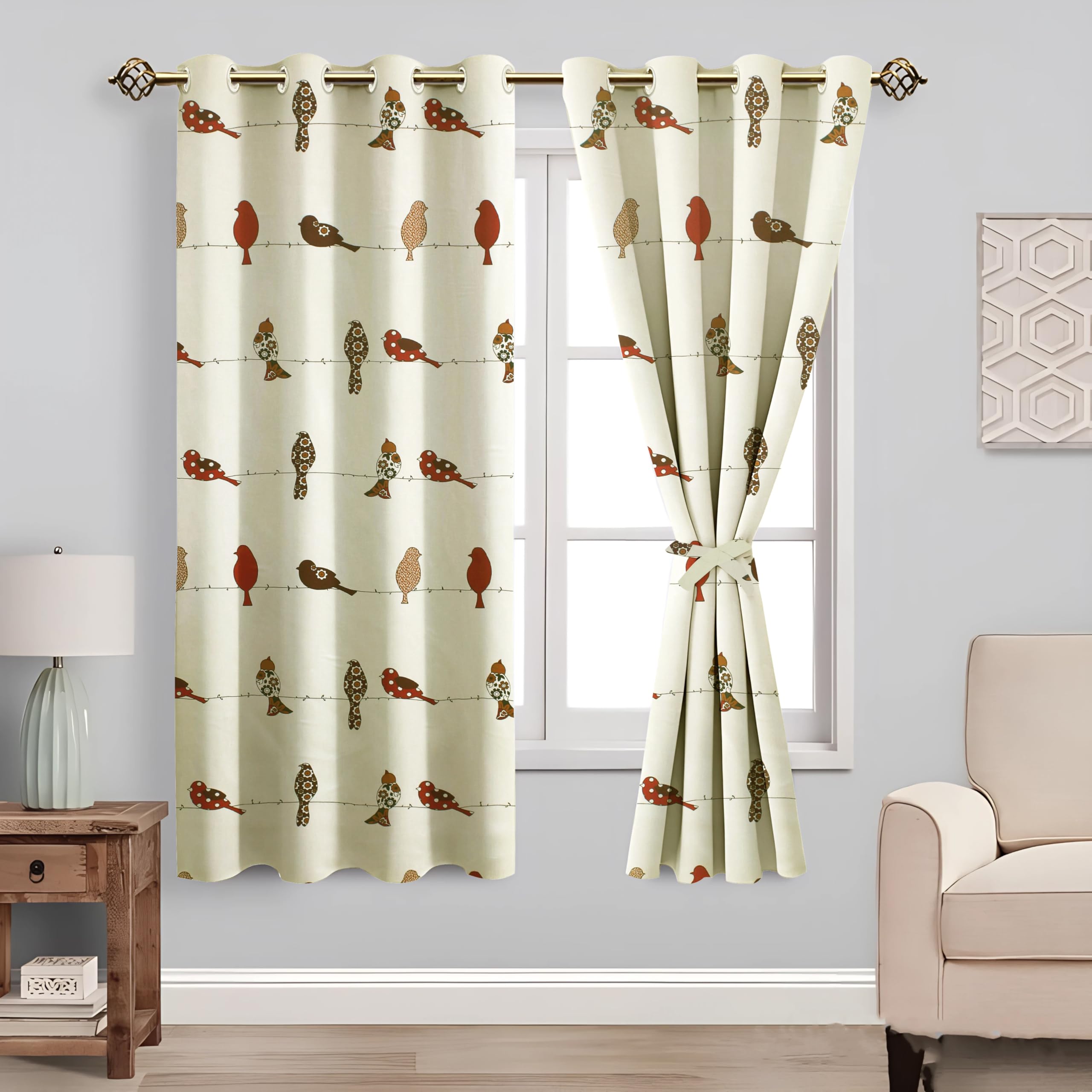 Amazon Basics - Animal Print Light Filtering Curtains | 100% Cotton 150 TC | Set of 2 | 5 Feet | 115 x 150 cm | Cream | Eyelets & Tiebacks | Ideal for Bedroom and Living Room-image-5