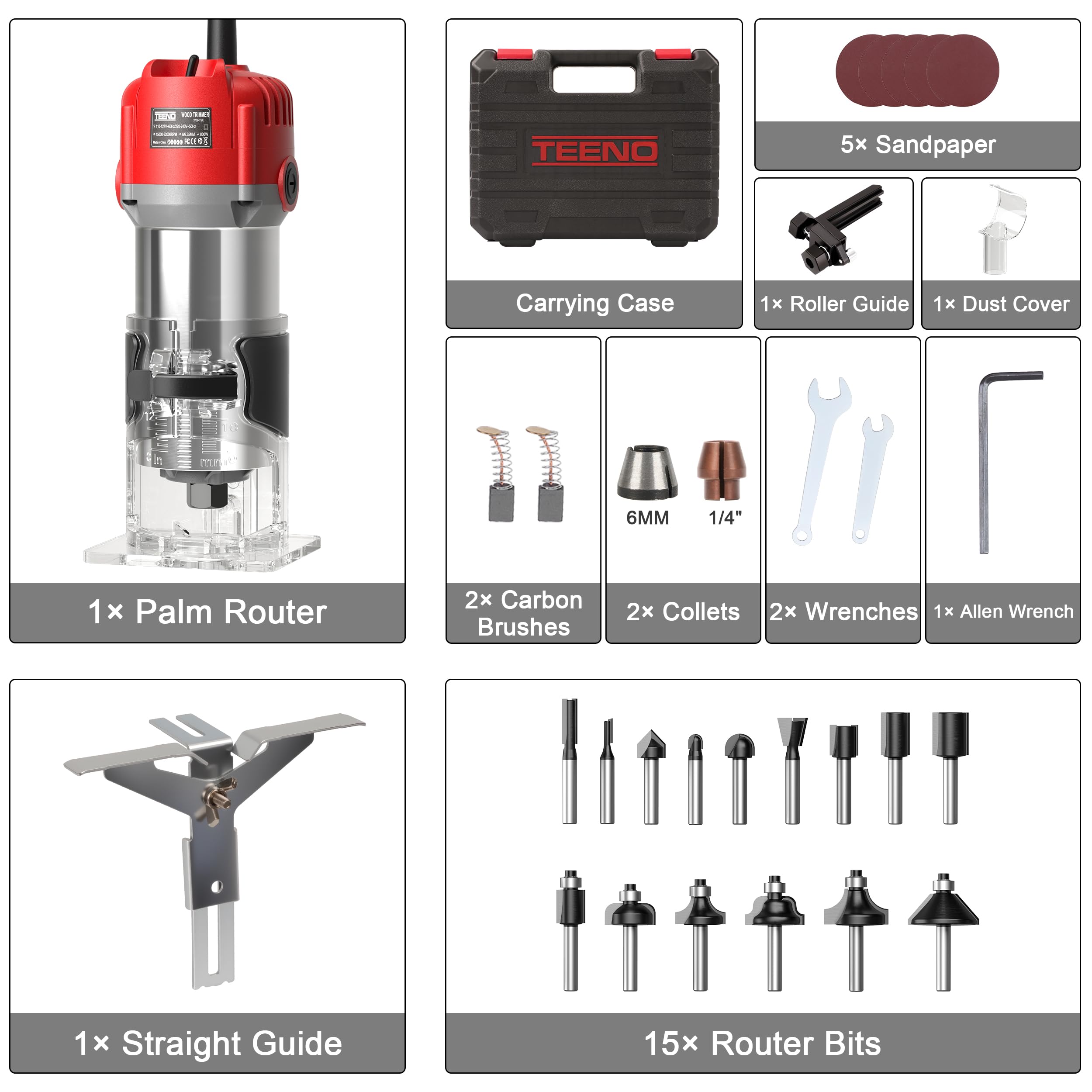 TEENO Fresadora De Madera Rebajadora Eléctrica 800W 15000-32000 RPM Con 32 Accesorios,15 piezas 1/4'' Alicates, 6 Velocidades Variables, Pinza De Base Fija De 6/6.35 MM, Estuche de Transporte