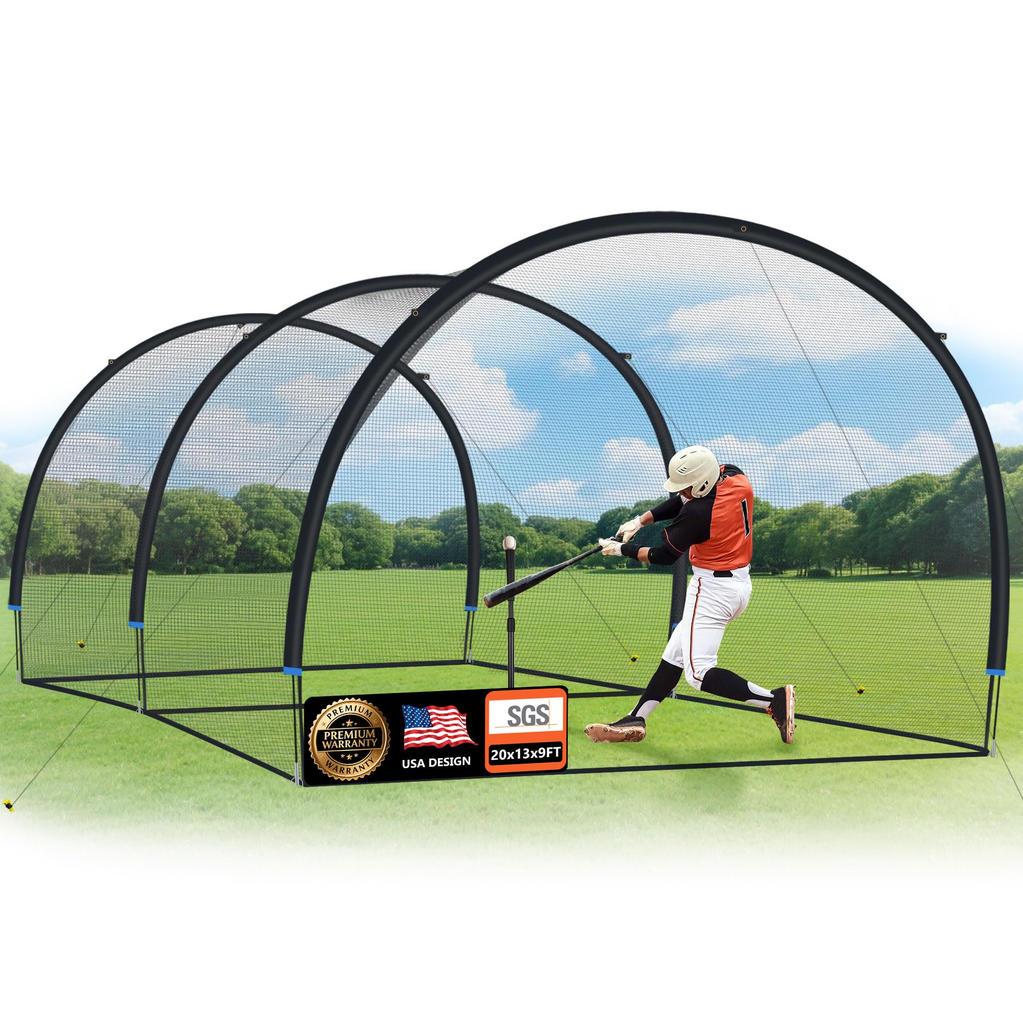 ORIENGEAR Baseball Batting Cage for Backyard, Fully Enclosed Hitting Cage, Baseball and Softball Training Cages, Backyard Hitting and Pitching Practice Net with Frame, 1.25" Mesh