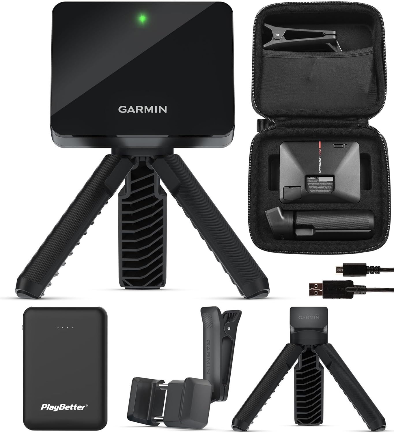 Garmin Approach R10 Portable Golf Launch Monitor & Simulator Bundle - Great for Home, Outdoor & Indoor, Projector Compatible with PlayBetter Portable Charger, Case, Tripod & Adapter