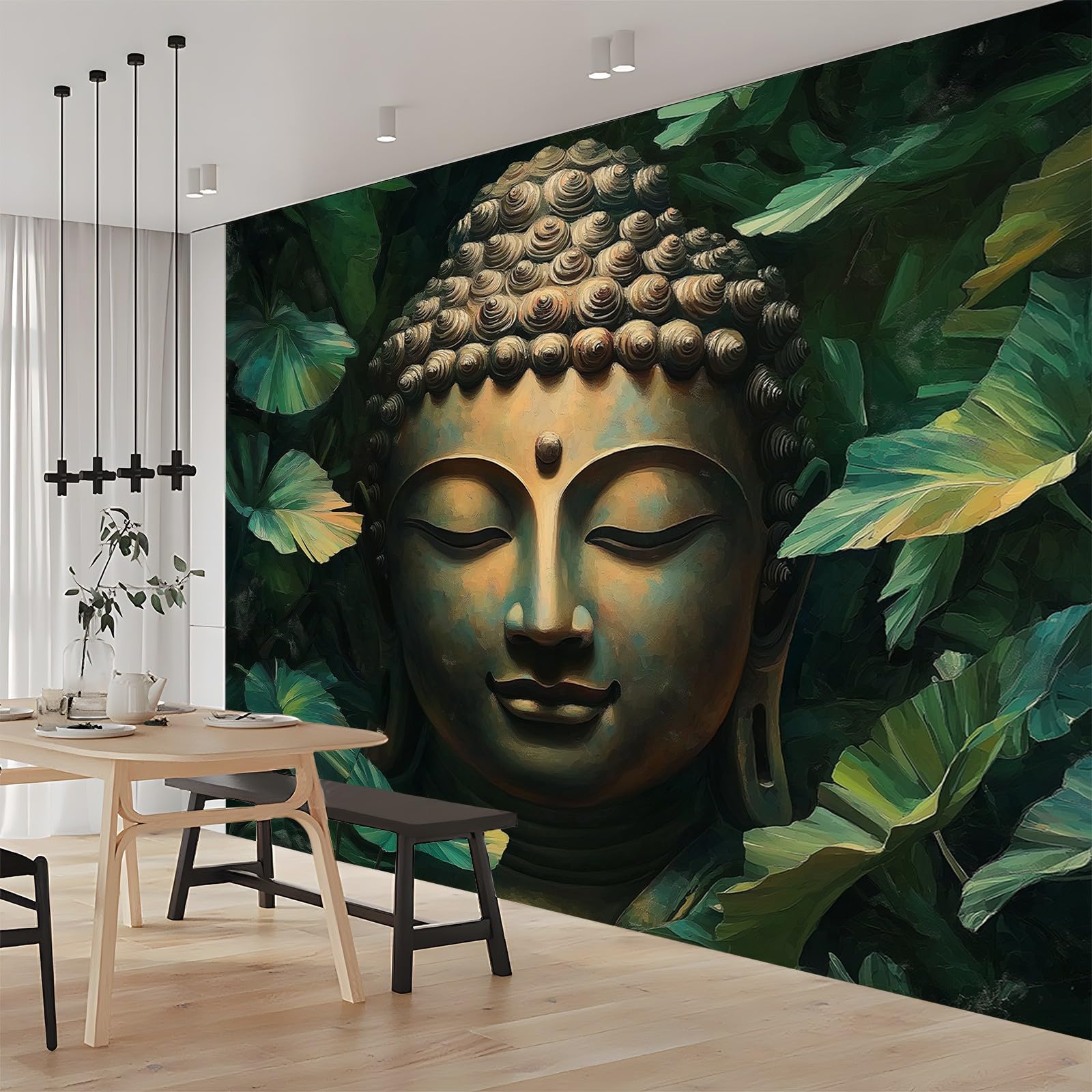 Panoramiczna tapeta tradycyjna Budda liście zielone złoto 200 x 140 cm (szer. x wys.), niestandardowy fresk 3D do salonu pokój dziecięcy restauracja dekoracja ścienna gigantyczny plakat ścienny