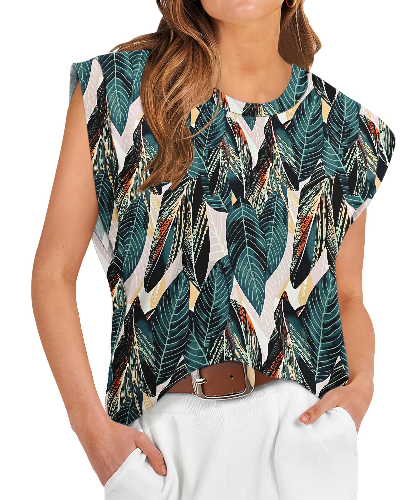 WNEEDU Womens Summer Tank Tops Crew Neck Cap Sleeve T-Shirts Casual Loose Fit Basic Tops 2025 Trendy Blouses