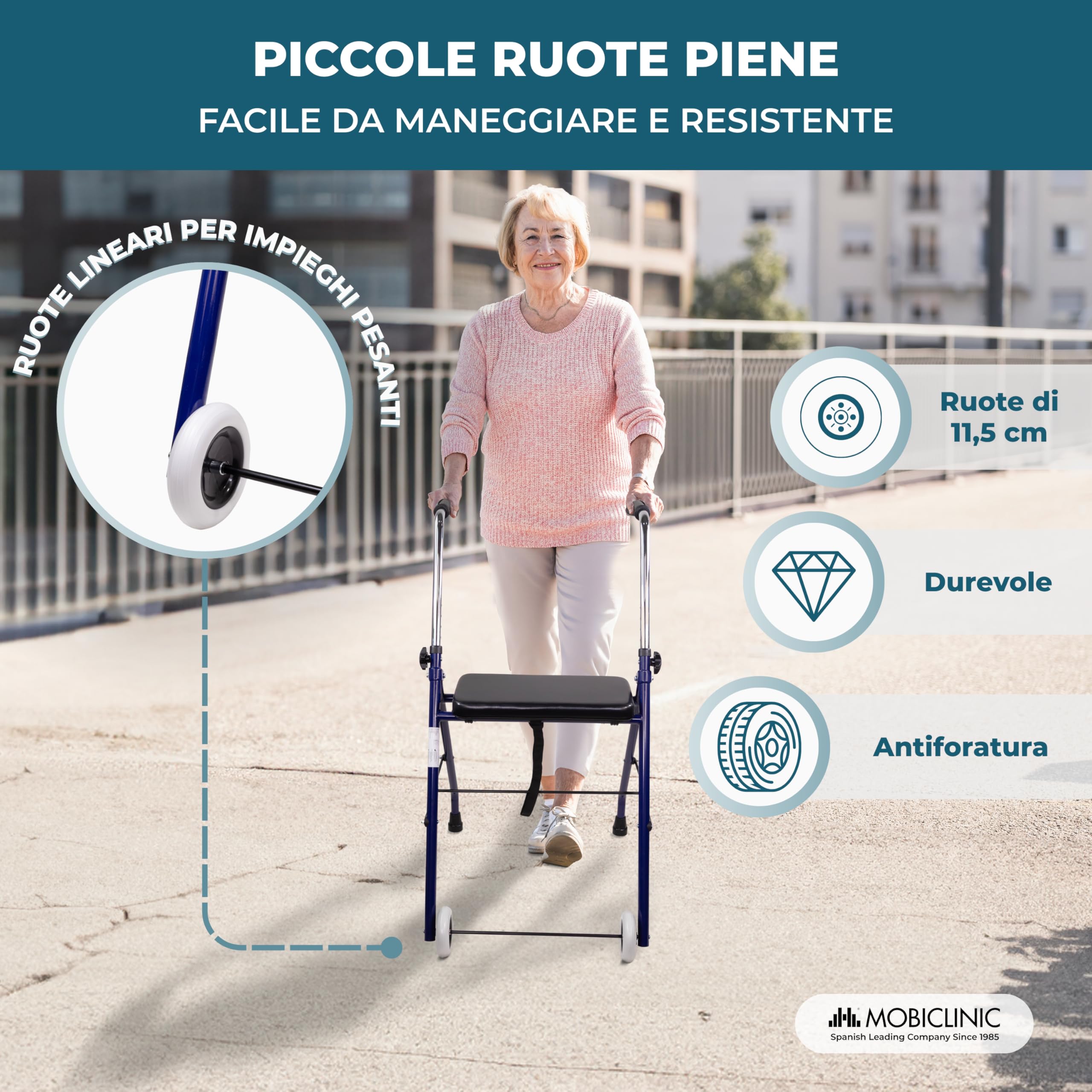 Mobiclinic®, Deambulatore per anziani, Emerita, Marchio europeo, Pieghevole, Regolabile, Acciaio, Maniglie ergonomiche, Leggero, 2 ruote, Adulti, Blu