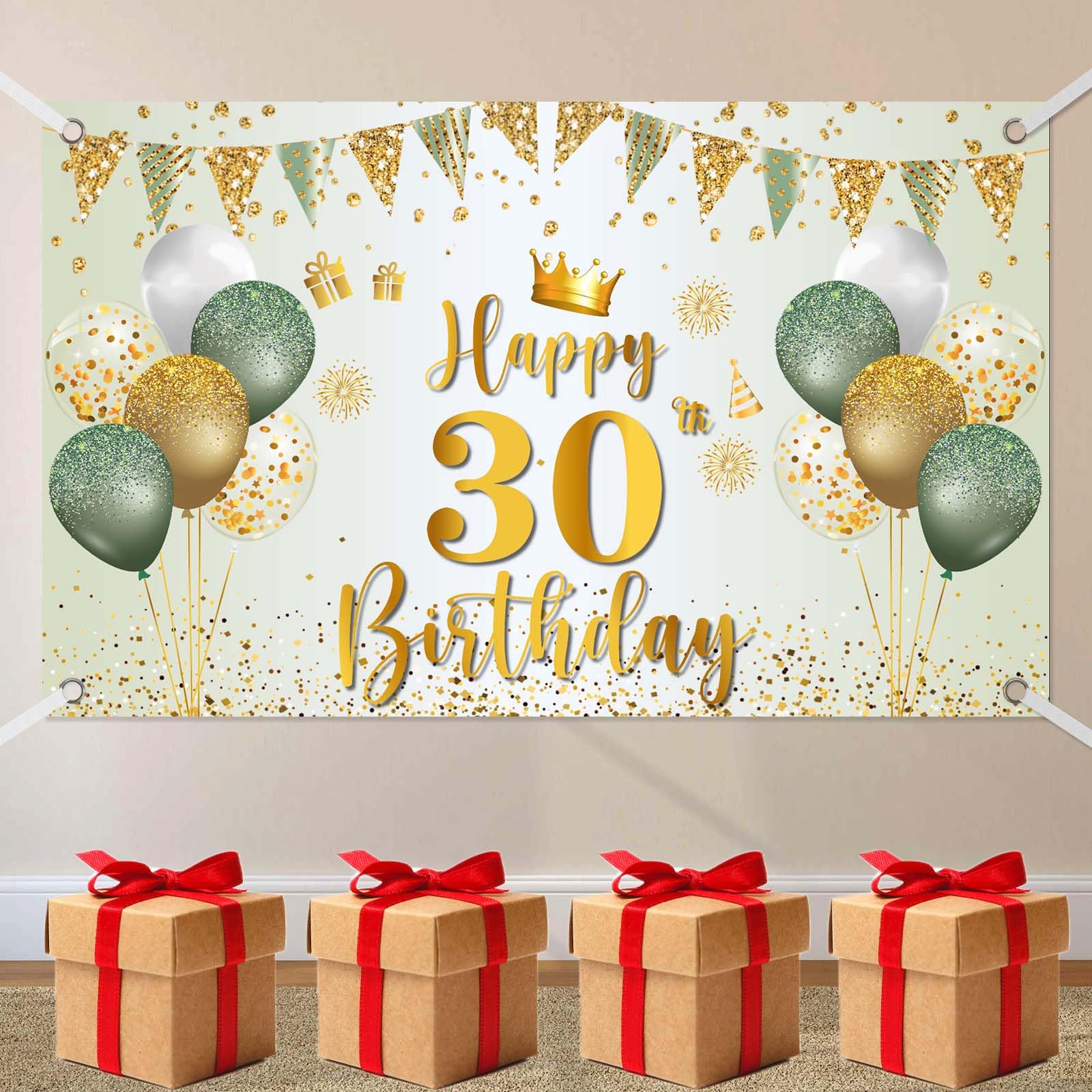 30th Birthday Banner, Happy 30th Birthday Banner Green Gold, 30 Banner Decorations for Women Men 30 Party Decoration 180cmx110cm