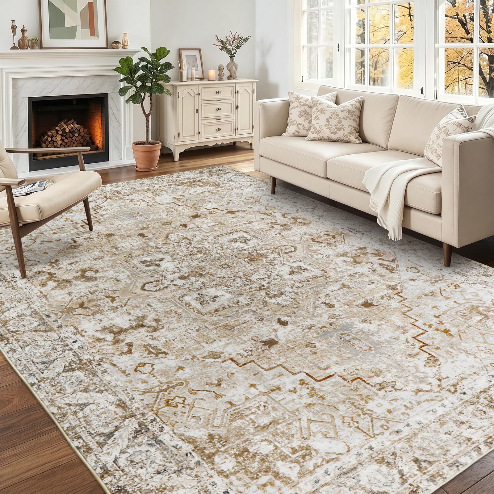 Famibay Rugs Living Room 160x230cm Machine Washable Large Area Rugs for Bedroom Soft Low Pile Vintage Beige Carpet Rug Non Slip for Living Room Bedroom Dining Room Decor — image 1