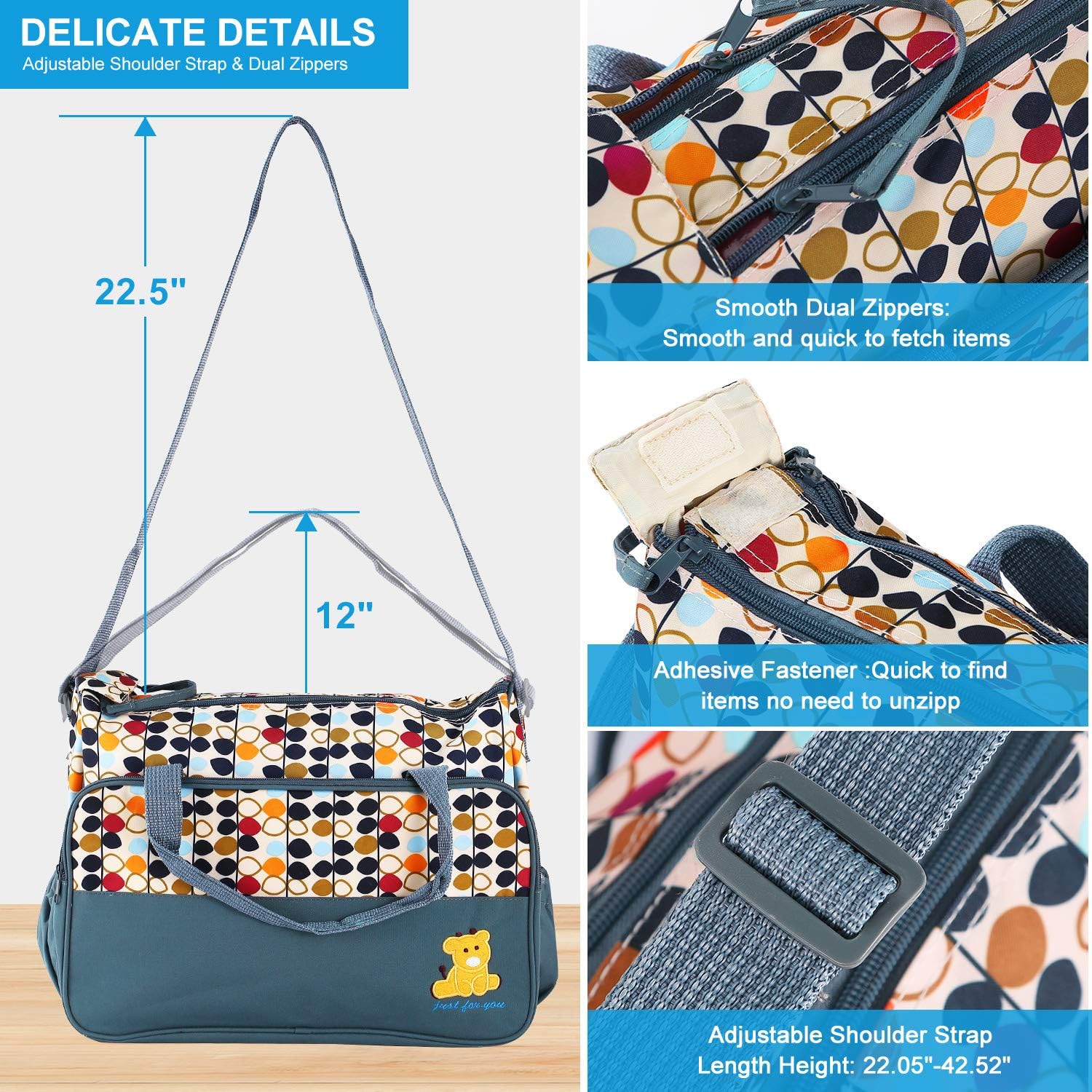Diaper Bag Tote, Baby Bag for Girls and Boys, 5 Piece Set with Large Medium Tote Bag, Food Bag, Bottle Bag and Changing Pad, Shoulder Straps