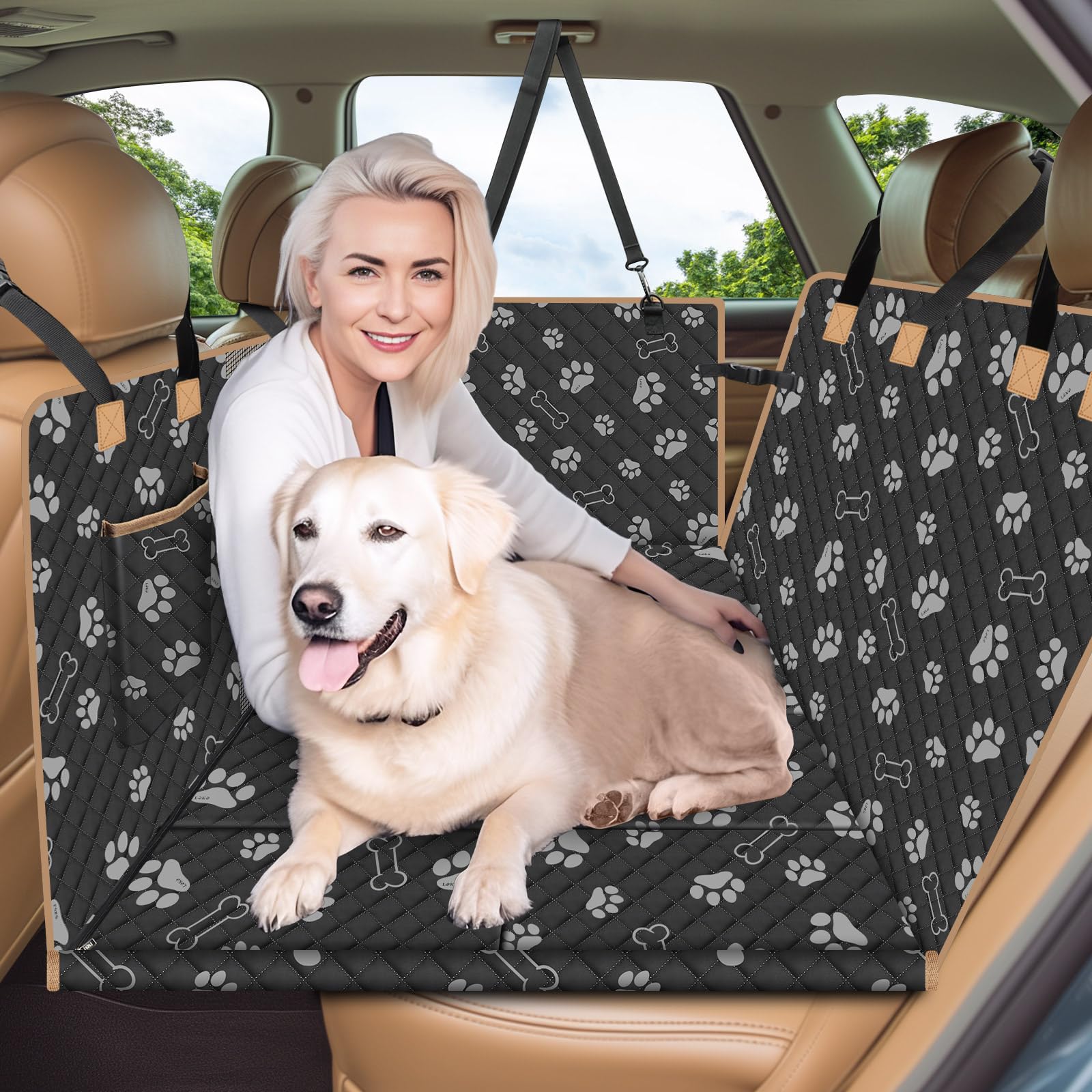 Lekespring Coprisedile Auto per Cani con Tavola in Legno Massello | Telo Auto per Cani Resistente, Antigraffio e Impermeabile - Adatta a Tutti i Tipi di Auto - Impronta di Zampa